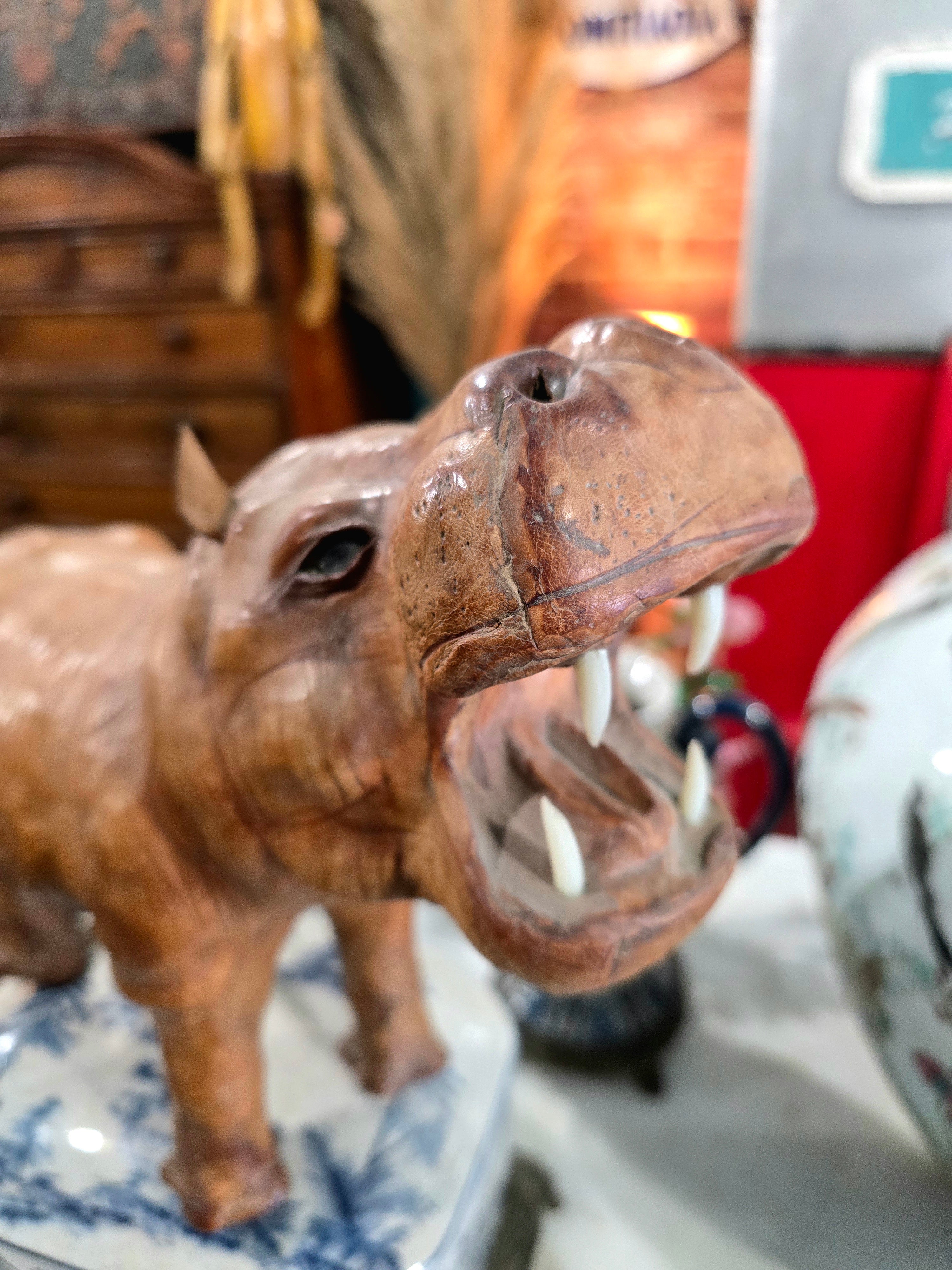 Vintage leather-wrapped hippopotamus figure