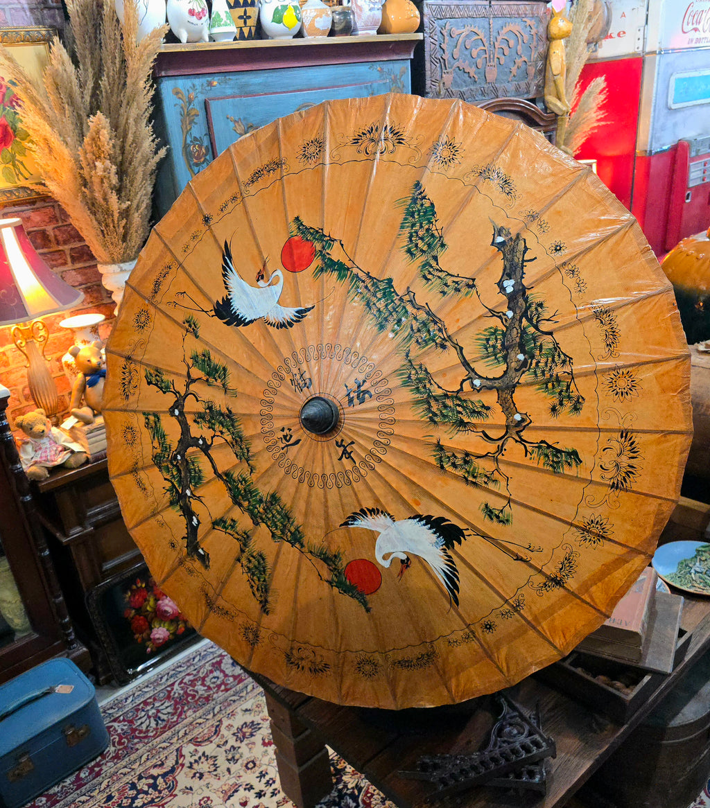 Vintage Japanese hand-painted display umbrella made of lacquered rice paper and bamboo
