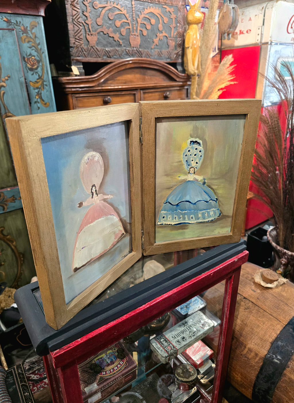 Vintage folding double portrait painting