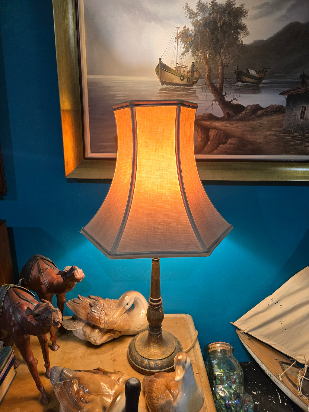 Vintage wood and fabric table lamp