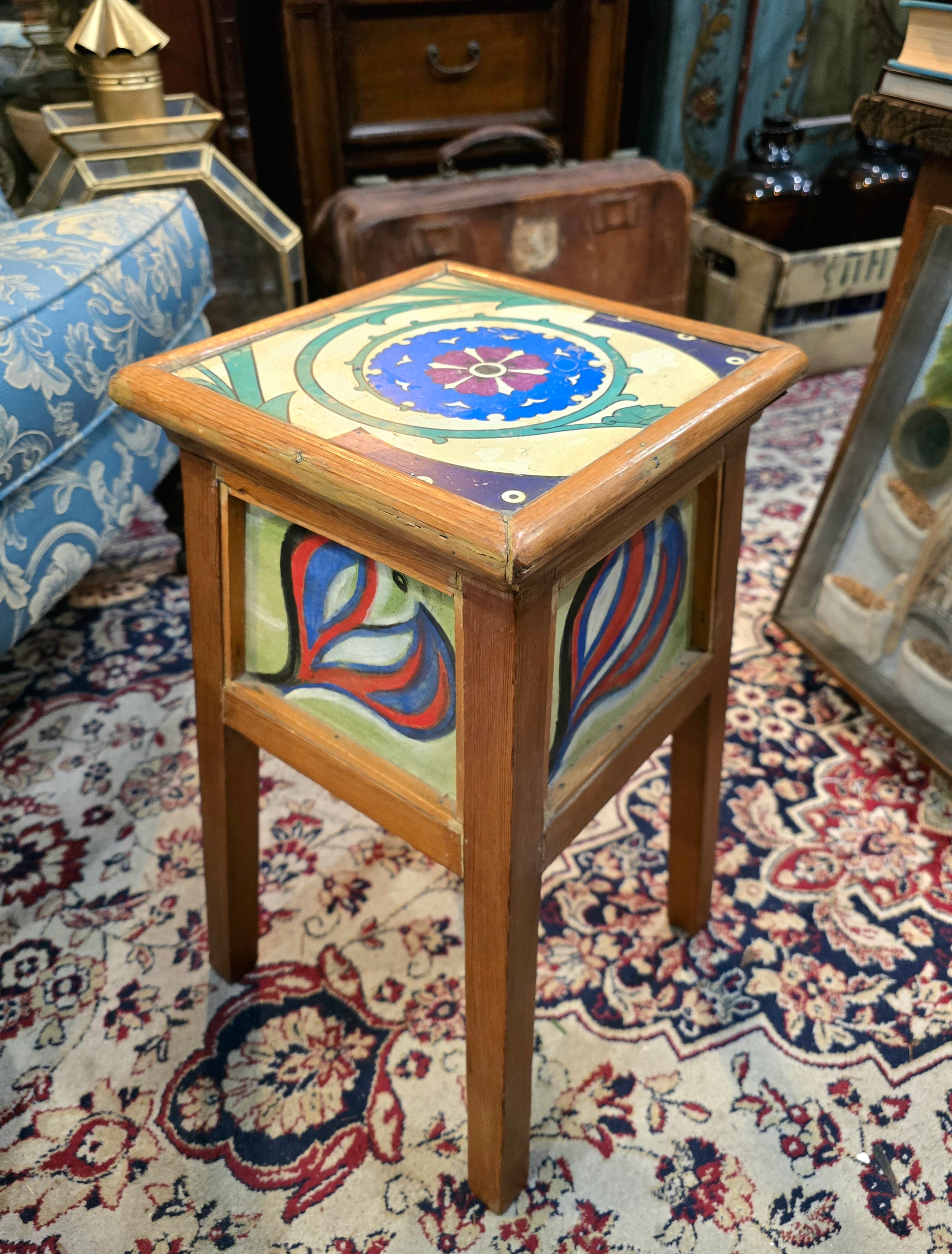 Vintage Arts & Crafts style side table with hand-painted tiles