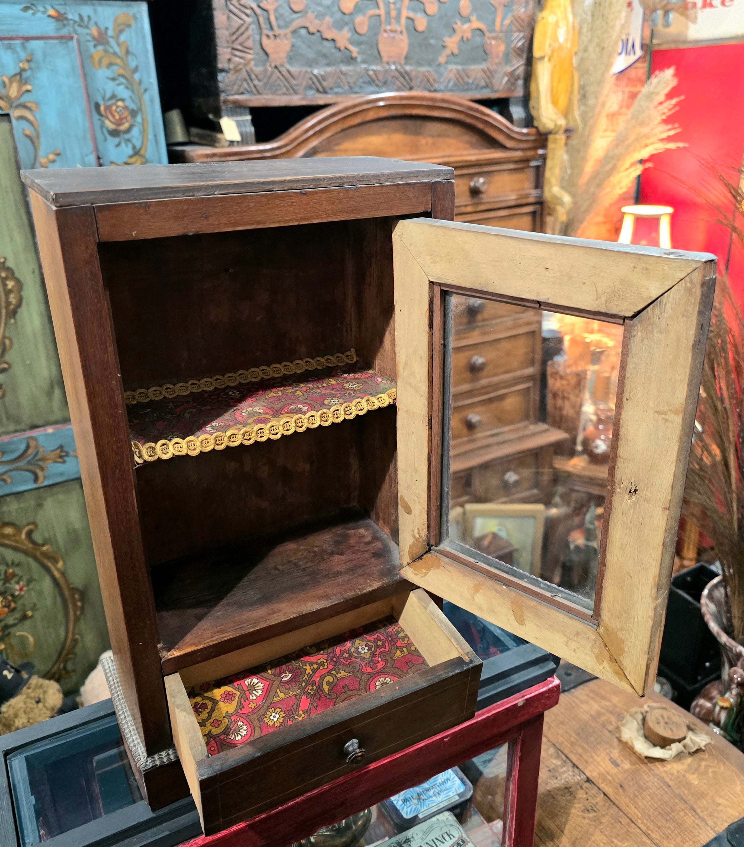 Antique miniature showcase doll or small showcase wooden cabinet