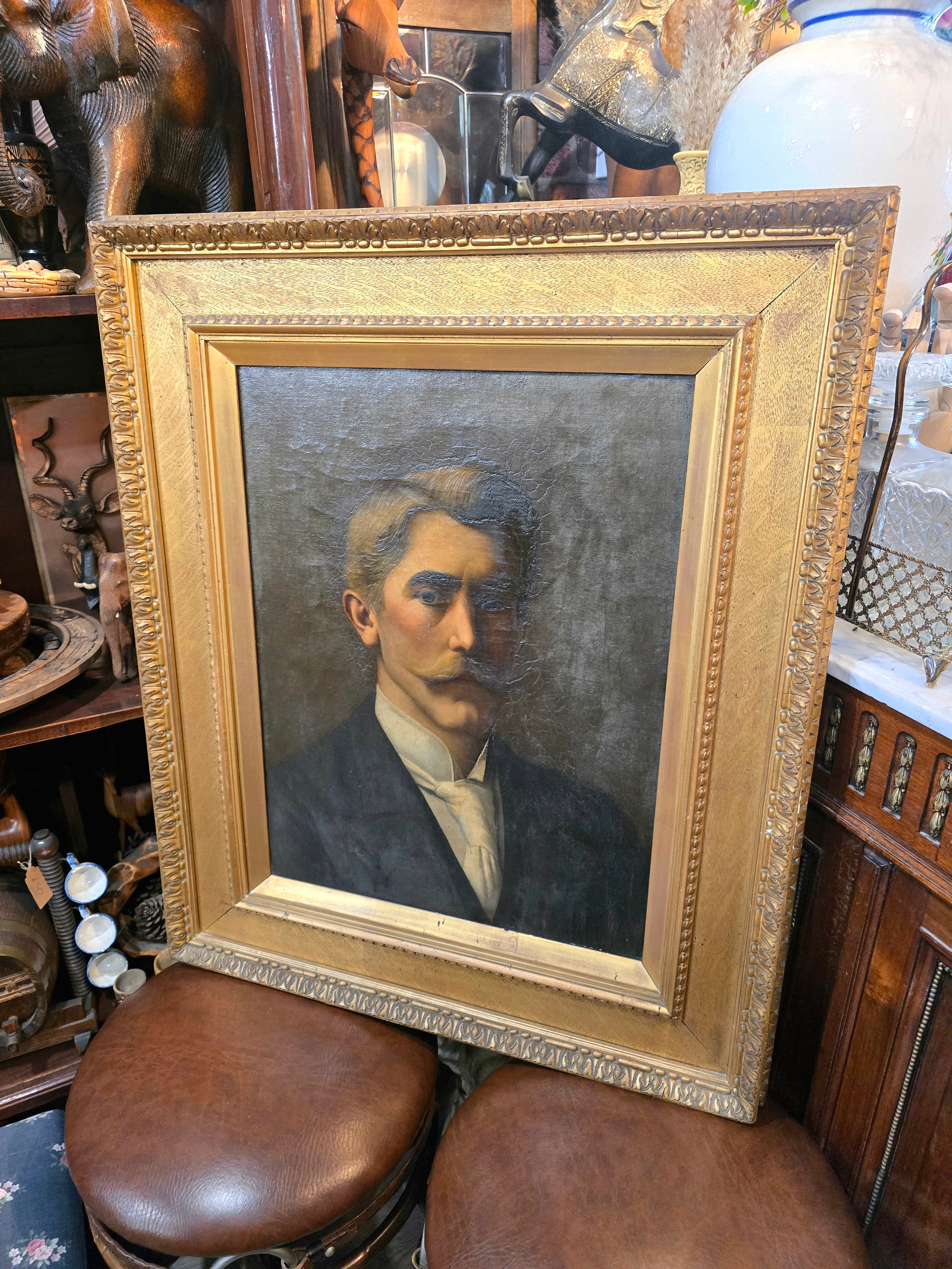 Antique 19th Century Oil Canvas Portrait Painting