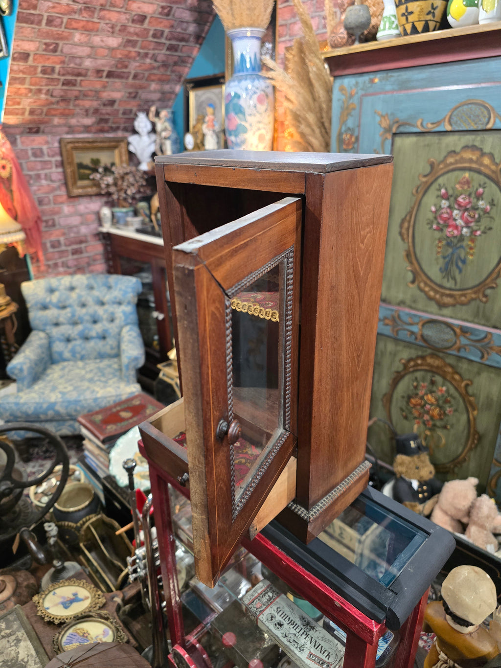 Antique miniature showcase doll or small showcase wooden cabinet