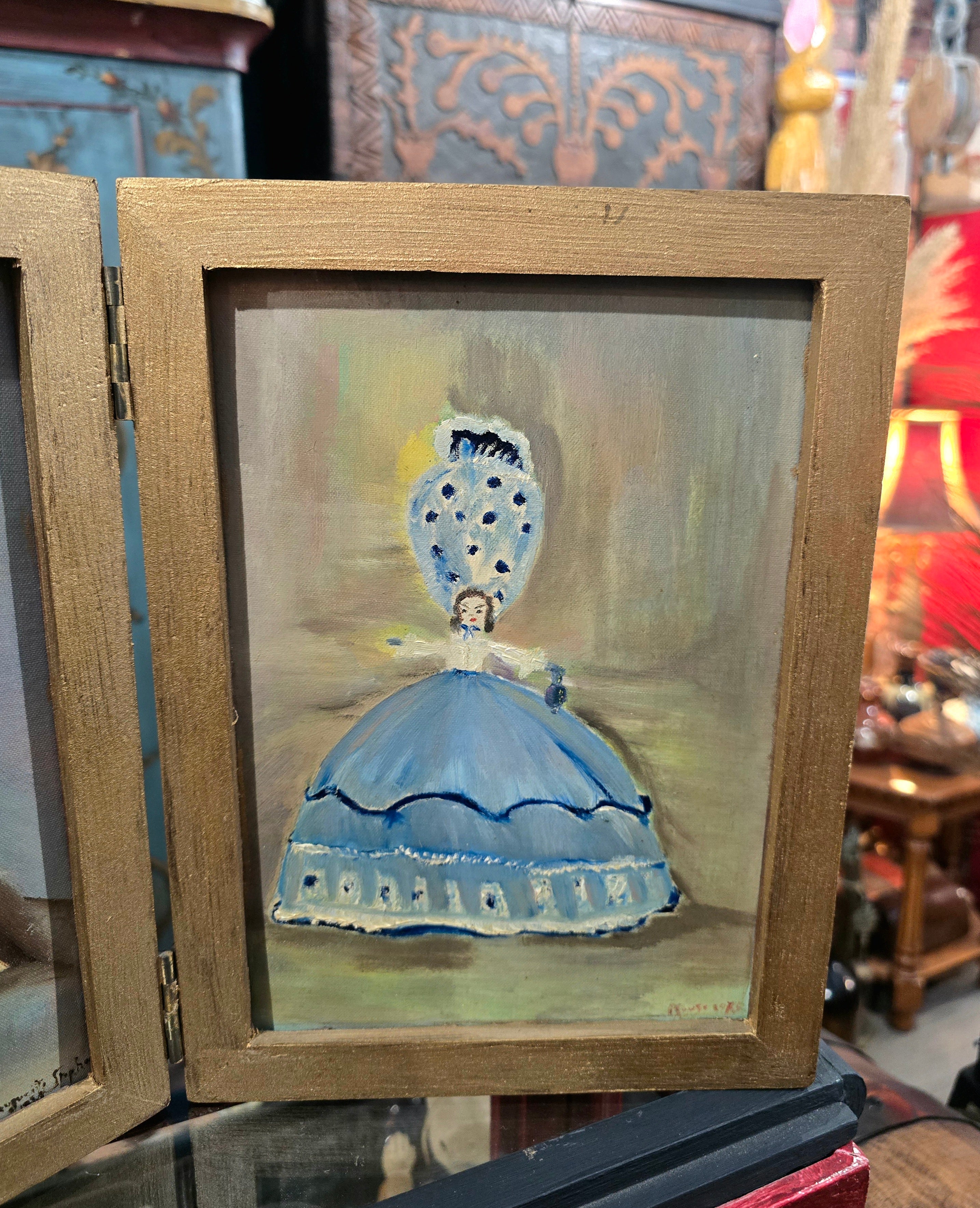 Vintage folding double portrait painting