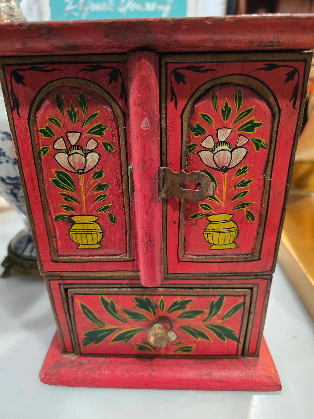Vintage Handmade Painted Wood Jewelry cabinet