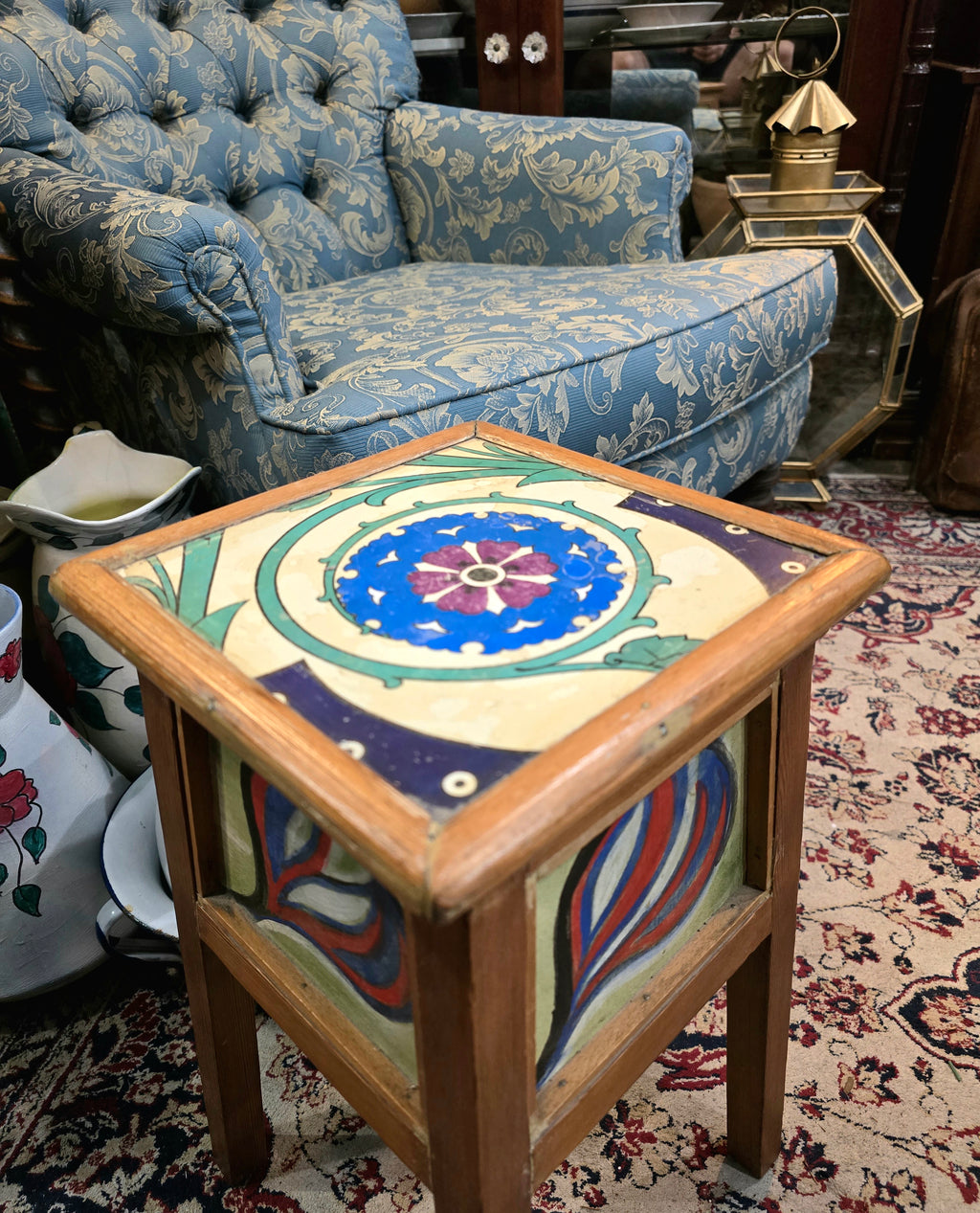 Vintage Arts & Crafts style side table with hand-painted tiles