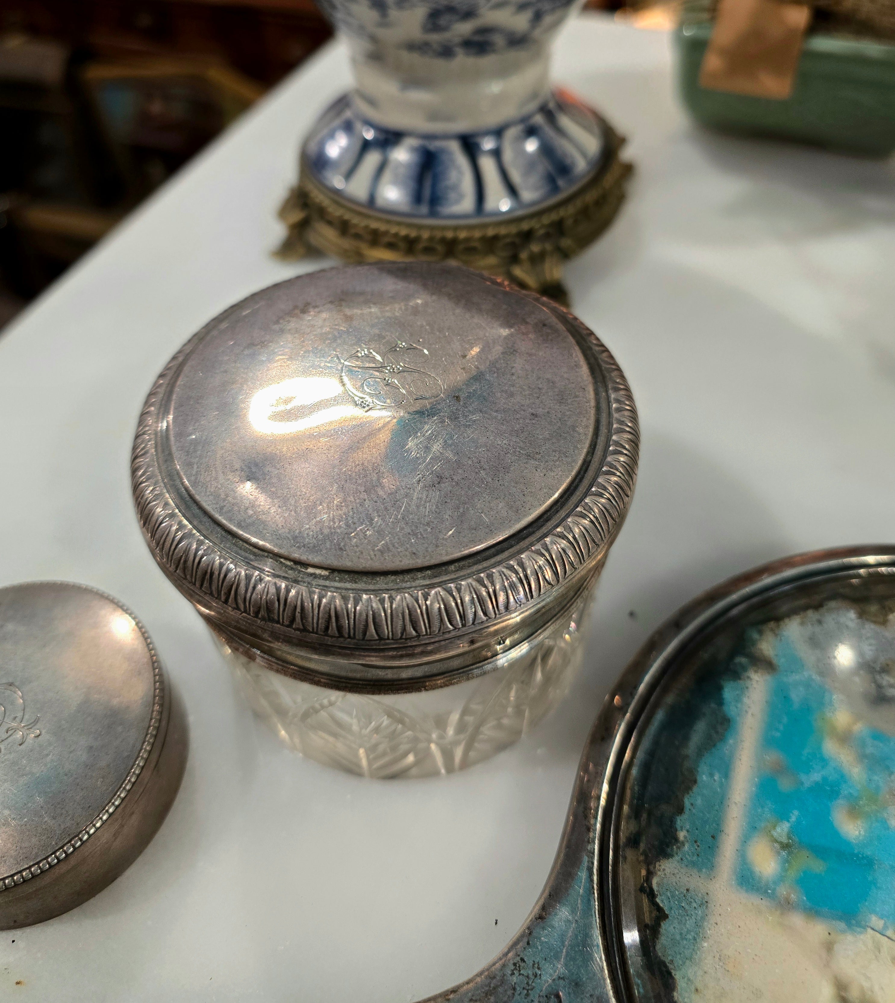 Antique beautiful european 800 Silver Vanity/Dresser Set – Hand Engraved 1890 - 1915