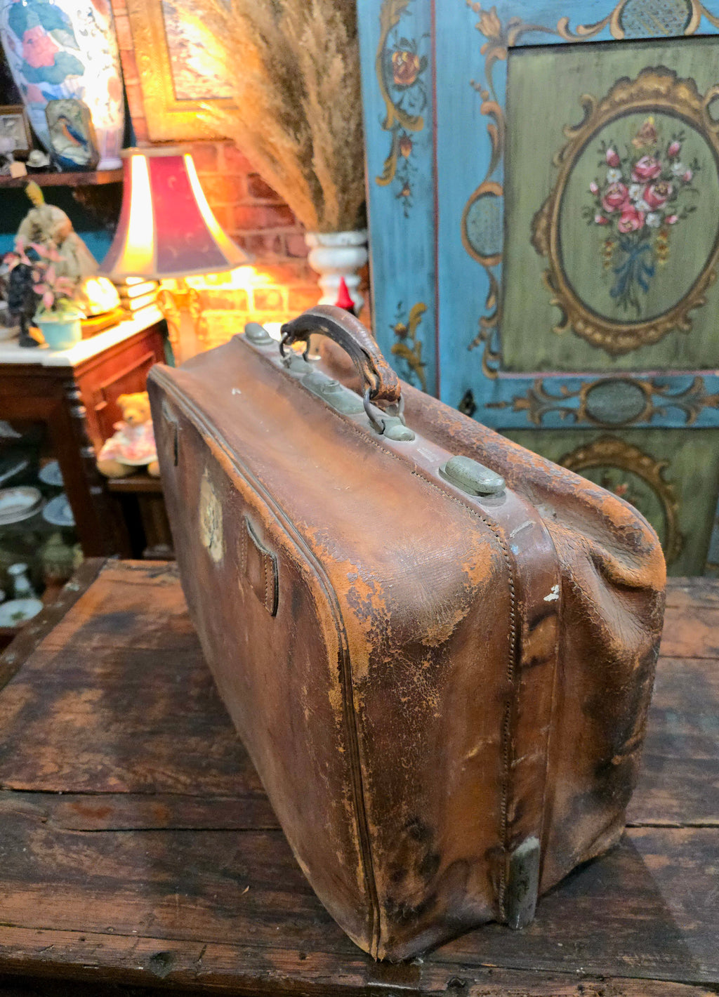Antique brown leather suitcase bag