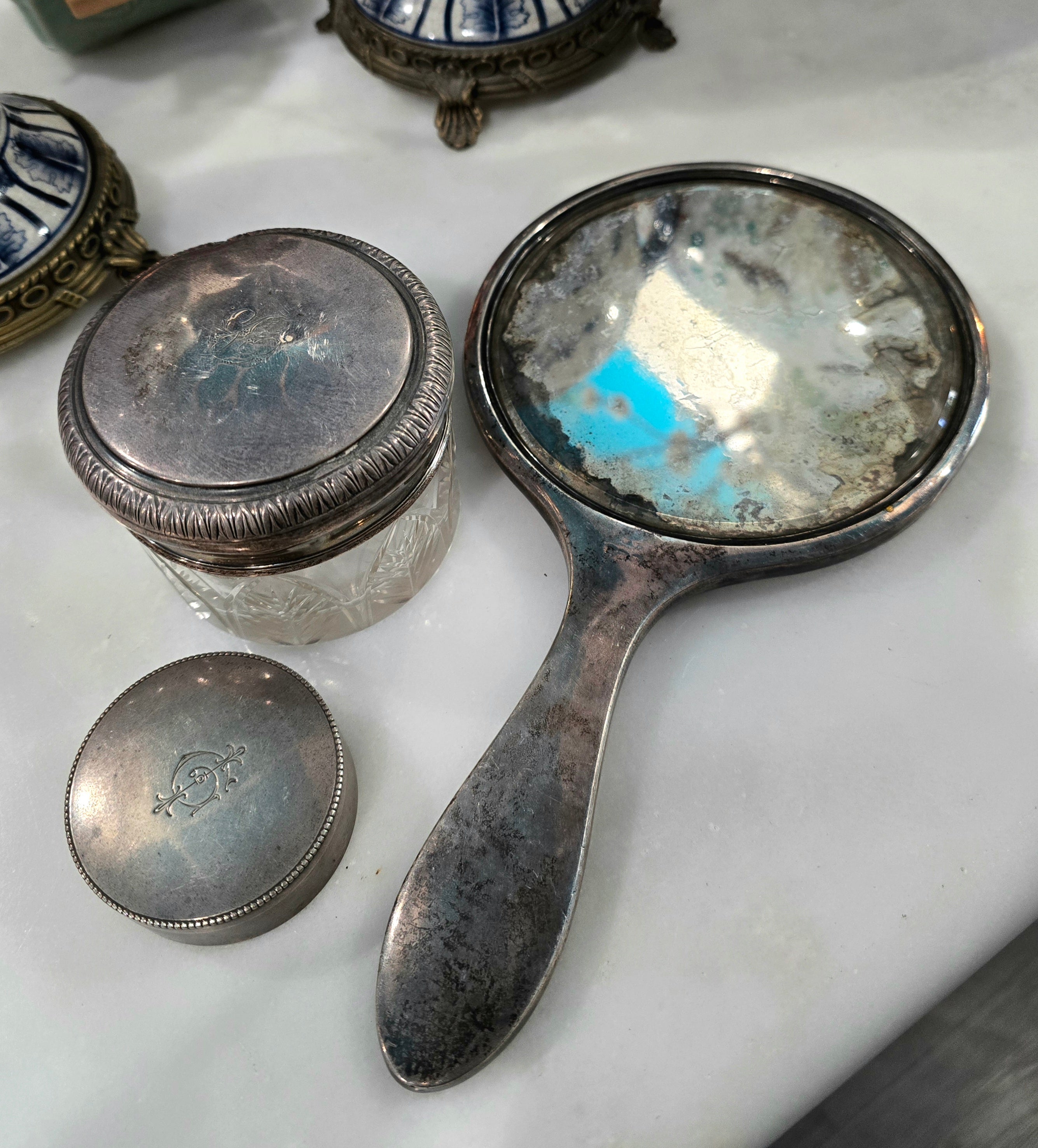 Antique beautiful european 800 Silver Vanity/Dresser Set – Hand Engraved 1890 - 1915