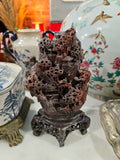 Vintage Chinese Soapstone Landscape Carving Sculpture on Wooden Stand