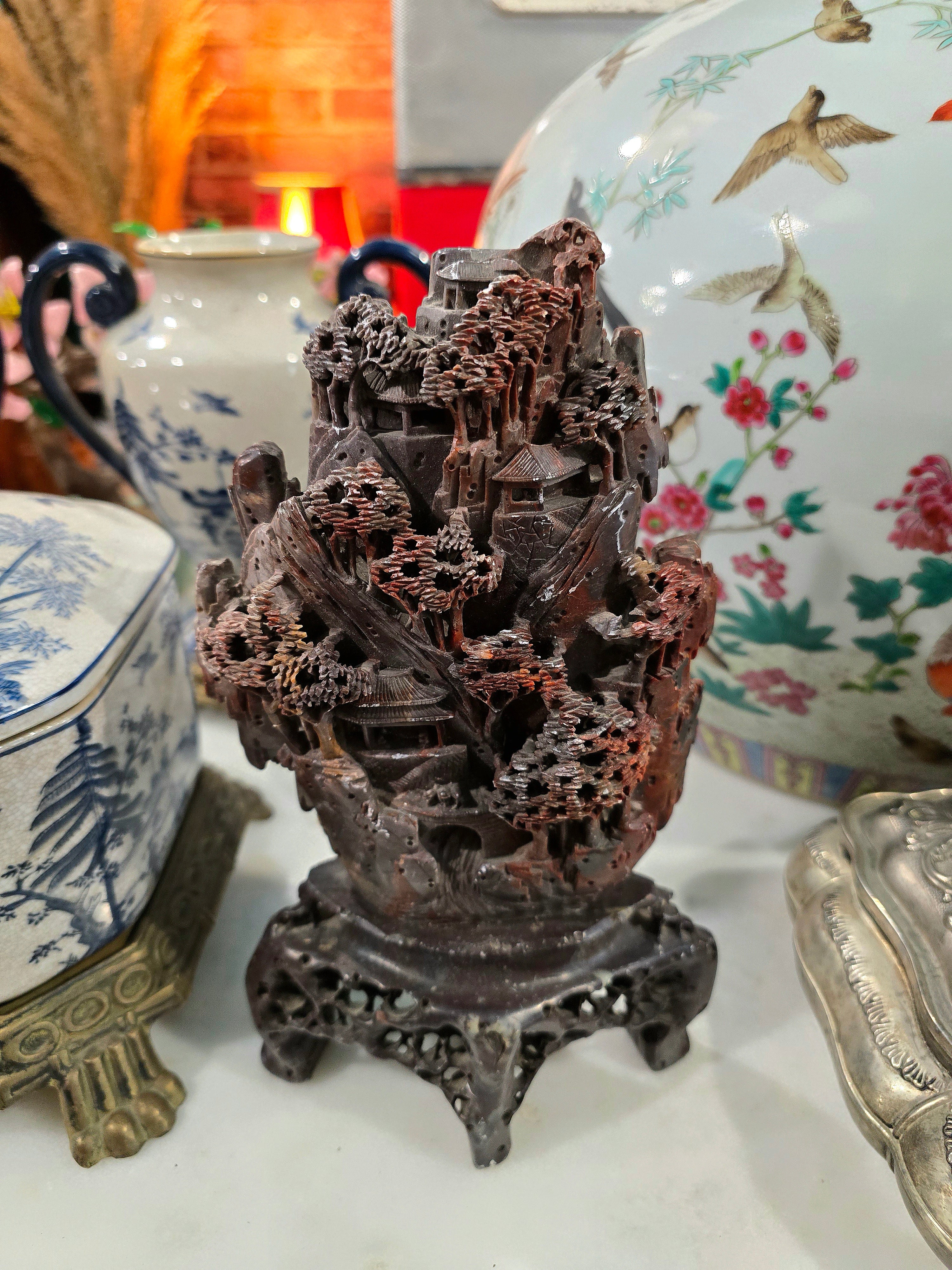 Vintage Chinese Soapstone Landscape Carving Sculpture on Wooden Stand