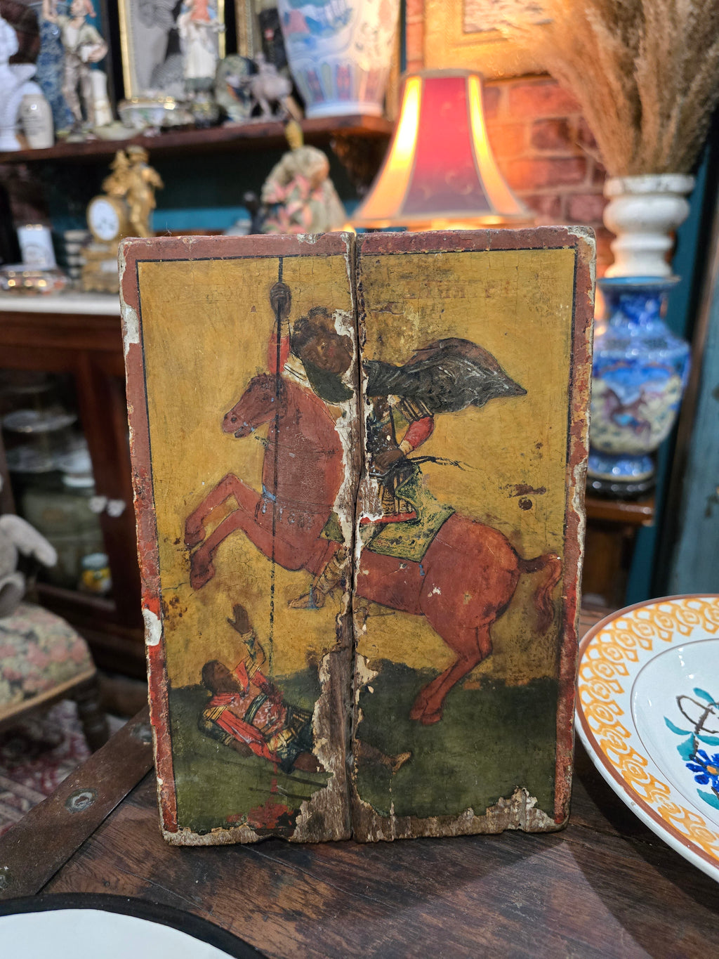Antique religious wooden hand painted saint