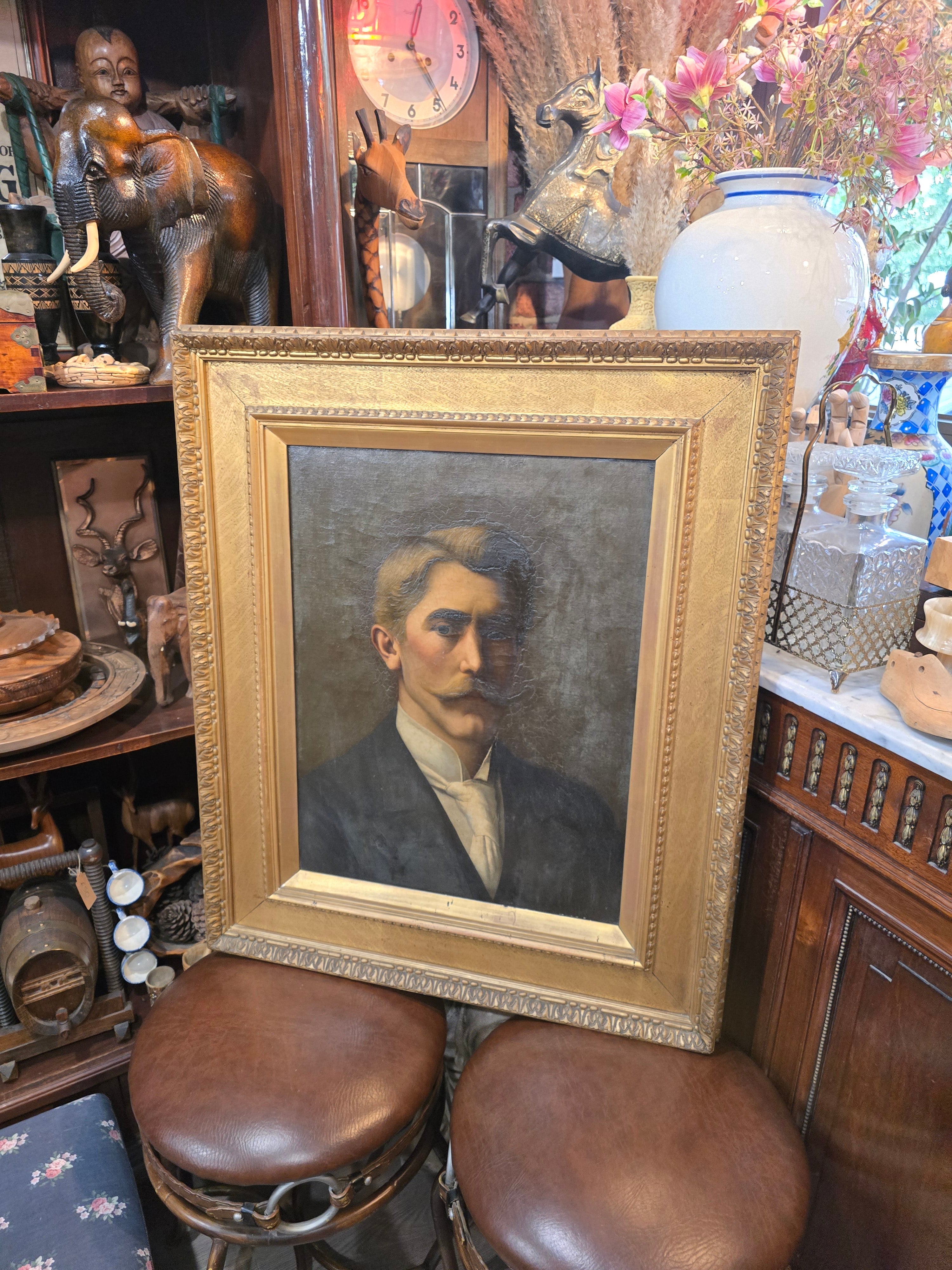 Antique 19th Century Oil Canvas Portrait Painting