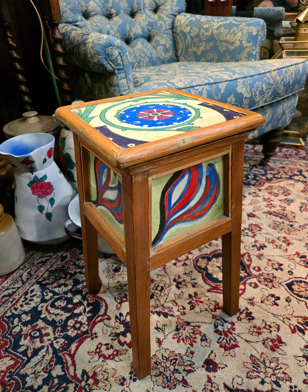 Vintage Arts & Crafts style side table with hand-painted tiles