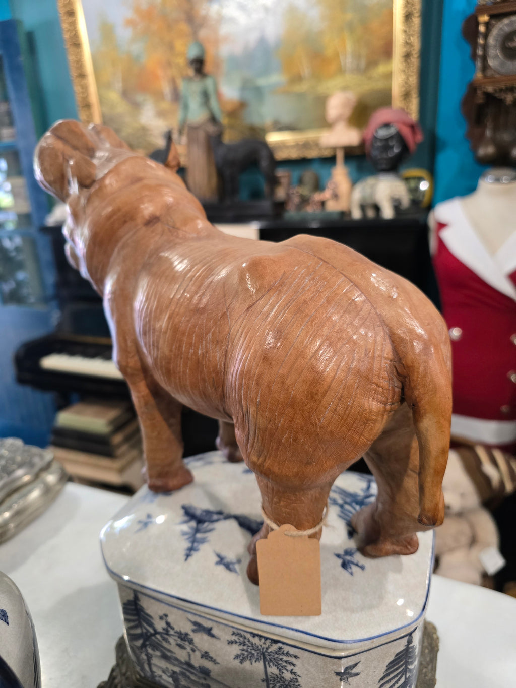 Vintage leather-wrapped hippopotamus figure