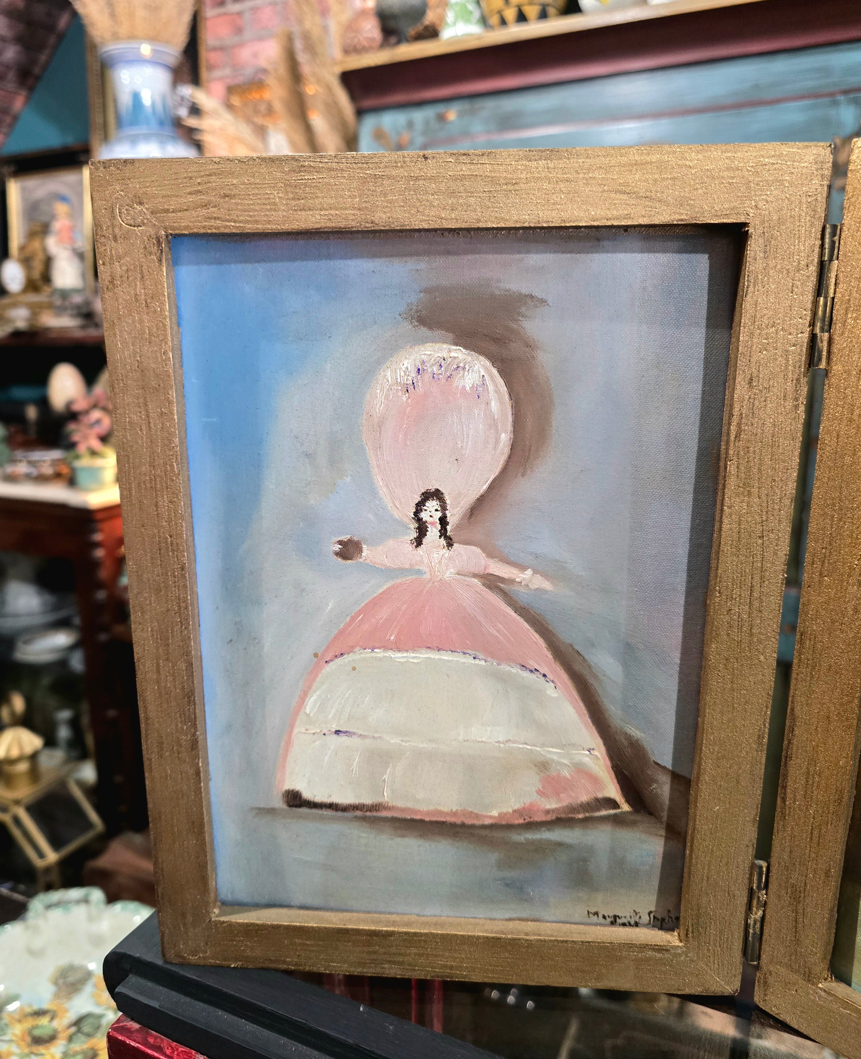 Vintage folding double portrait painting