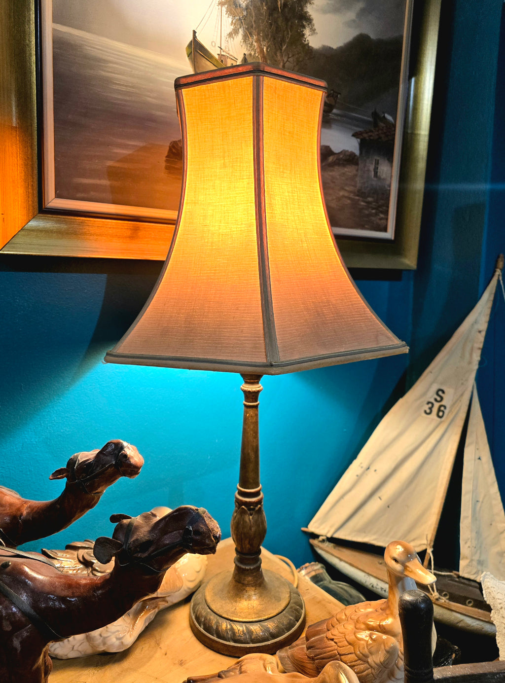 Vintage wood and fabric table lamp