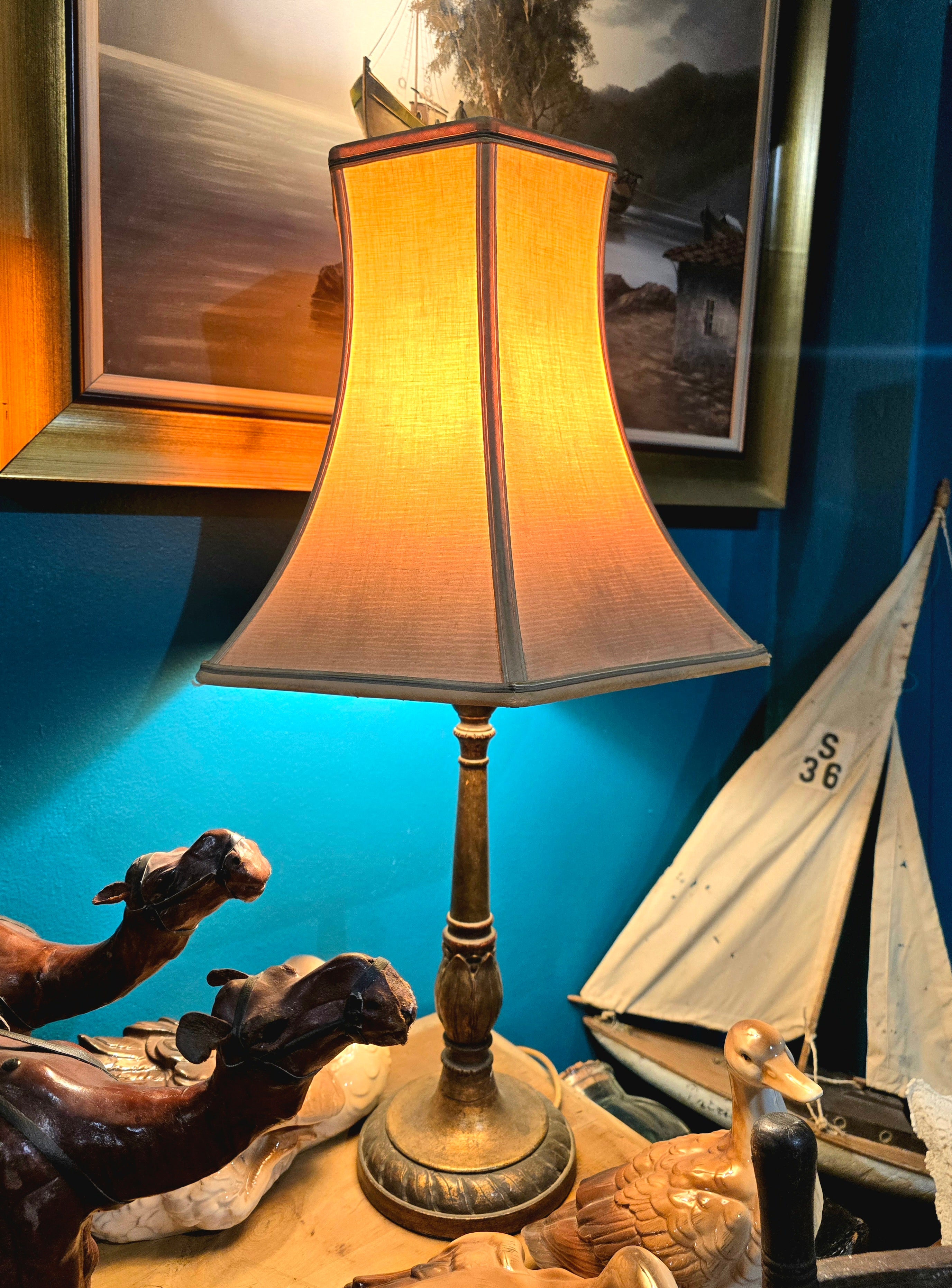 Vintage wood and fabric table lamp