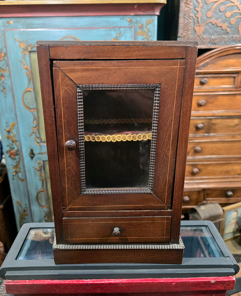 Antique miniature showcase doll or small showcase wooden cabinet