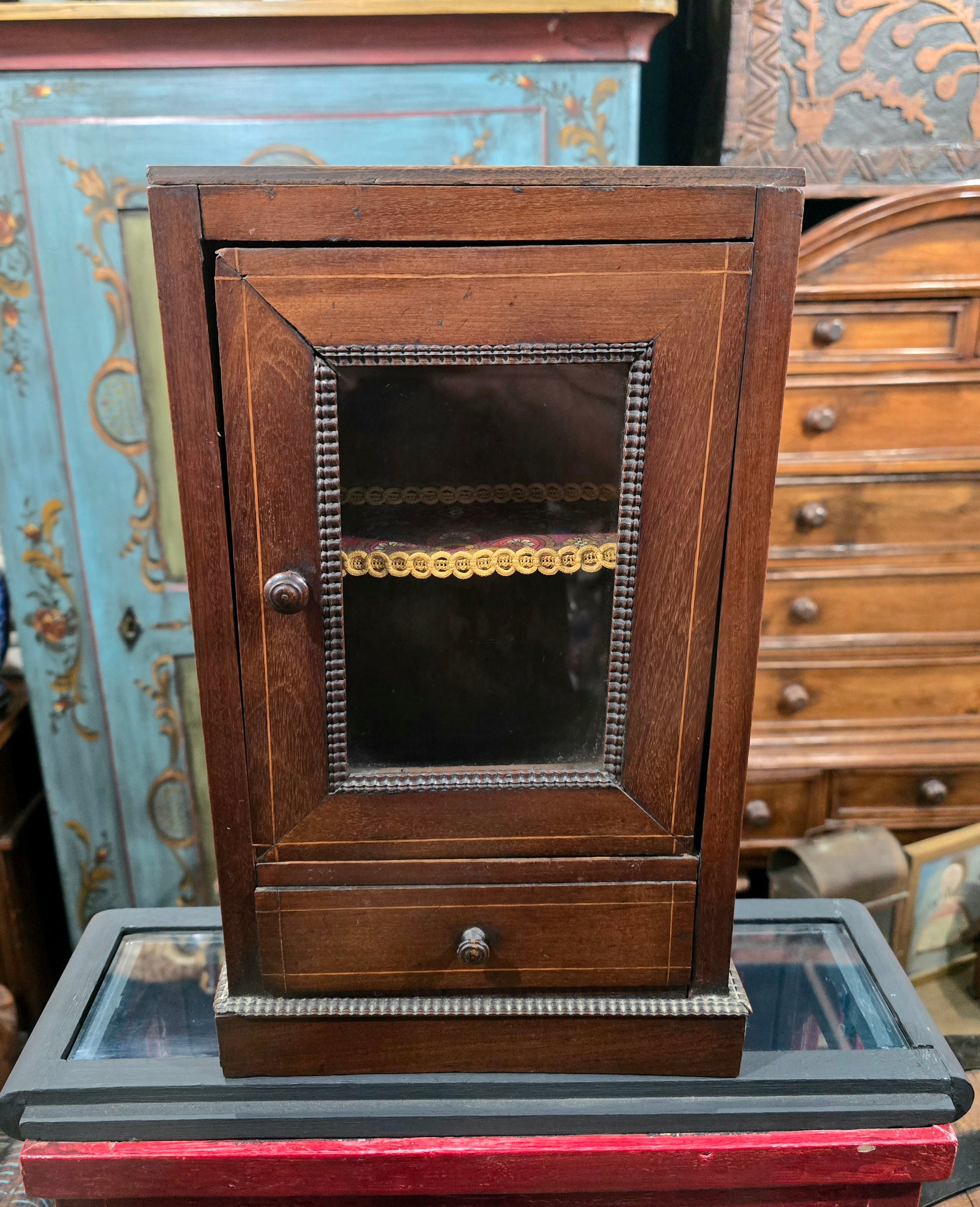 Antique miniature showcase doll or small showcase wooden cabinet