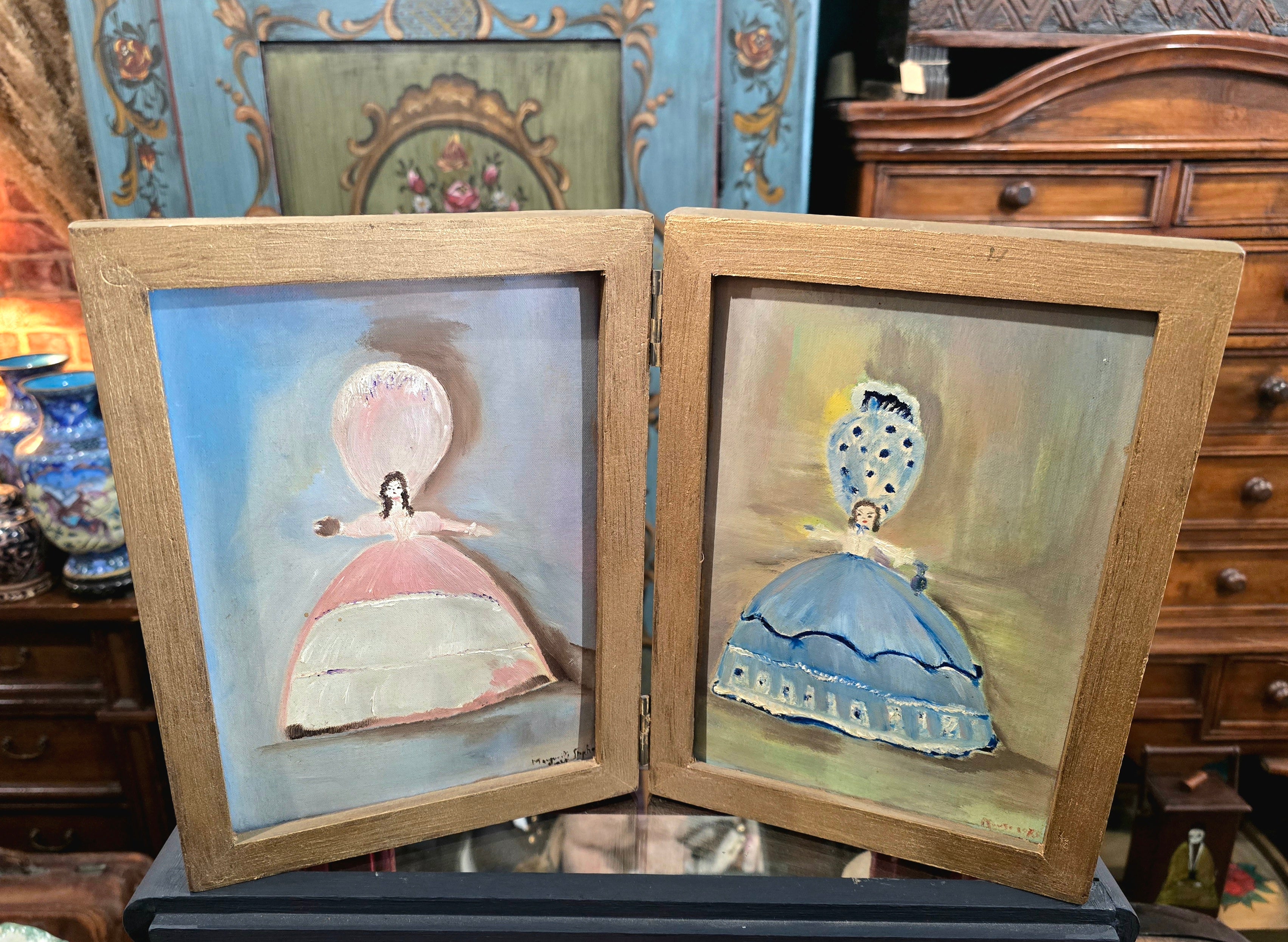 Vintage folding double portrait painting