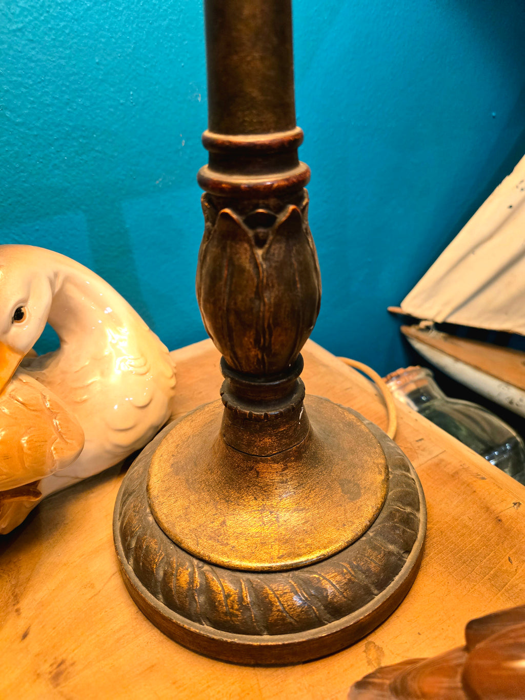 Vintage wood and fabric table lamp