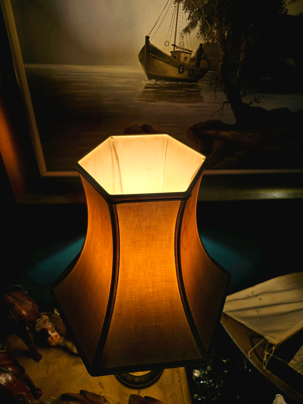 Vintage wood and fabric table lamp