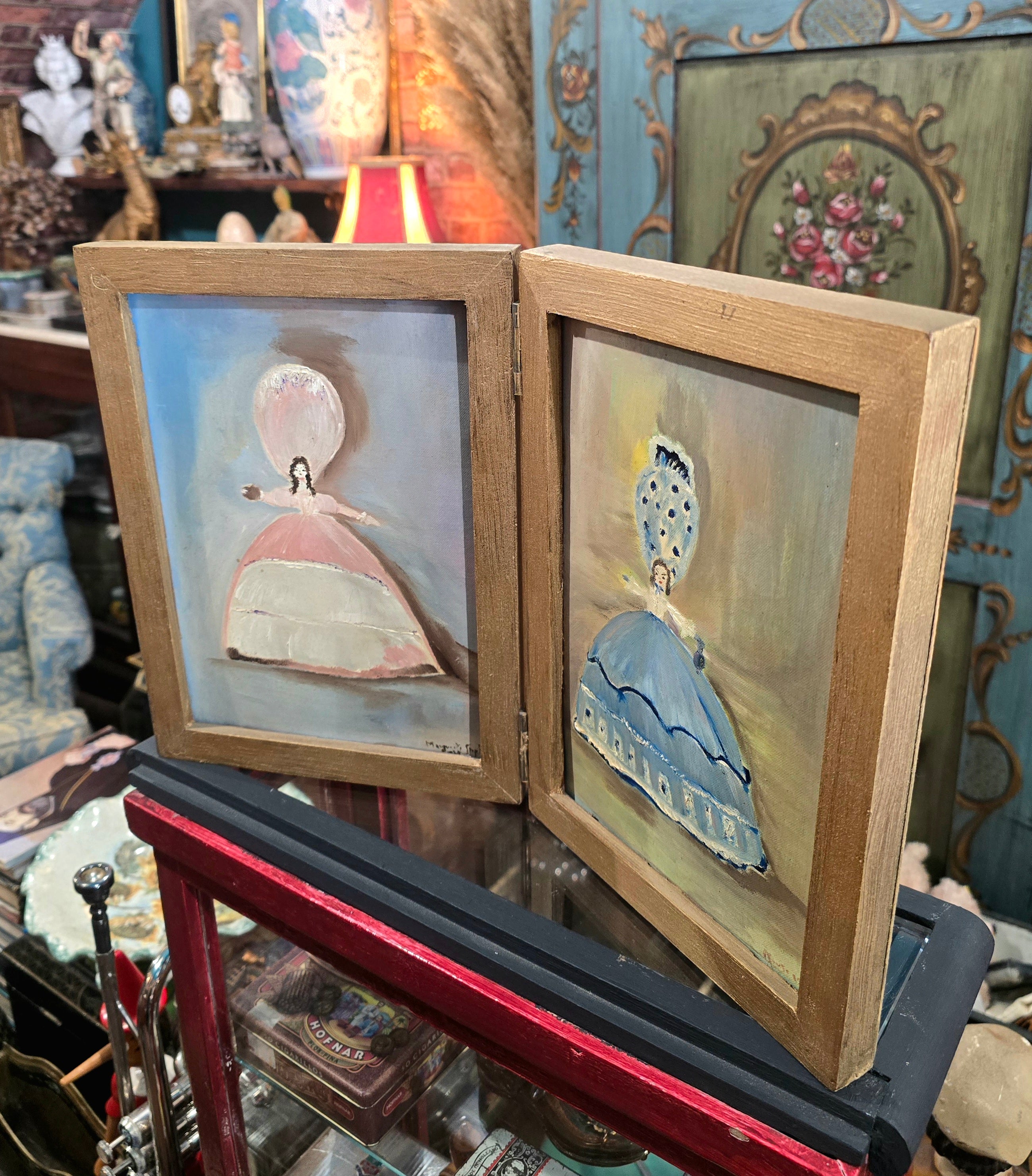 Vintage folding double portrait painting