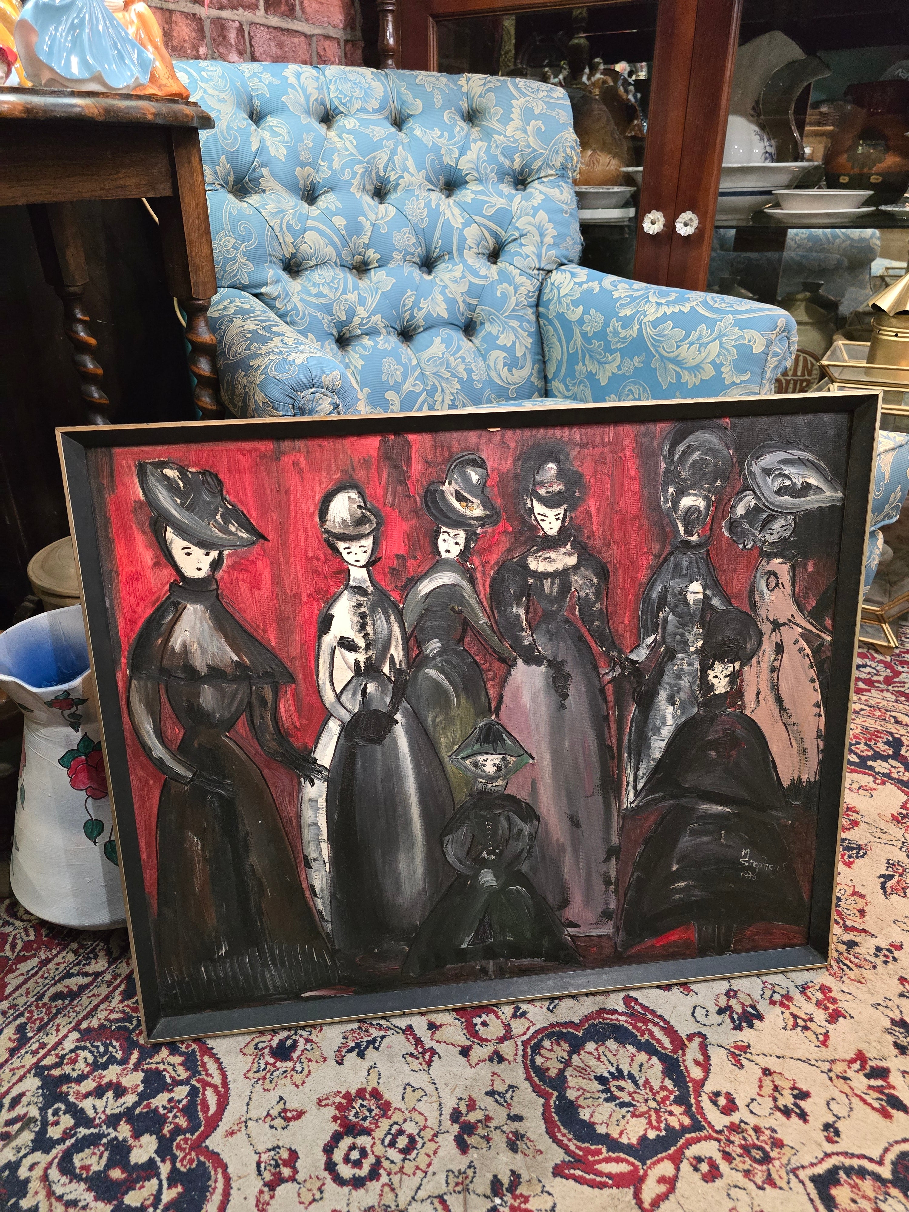 Vintage 1976 modern hand painted figures painting