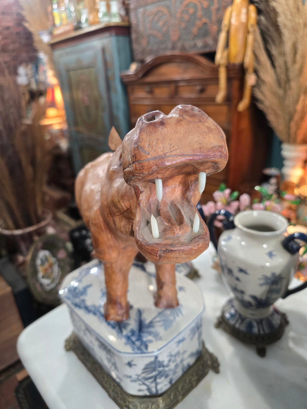 Vintage leather-wrapped hippopotamus figure