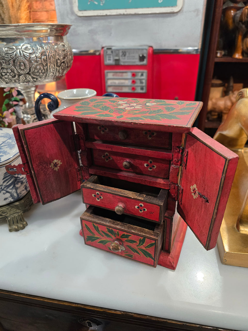 Vintage Handmade Painted Wood Jewelry cabinet