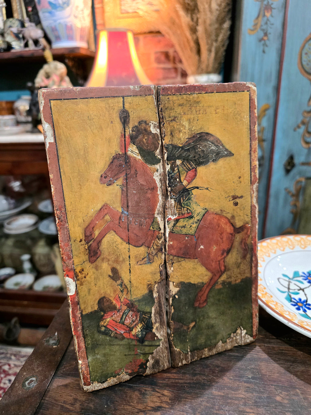 Antique religious wooden hand painted saint