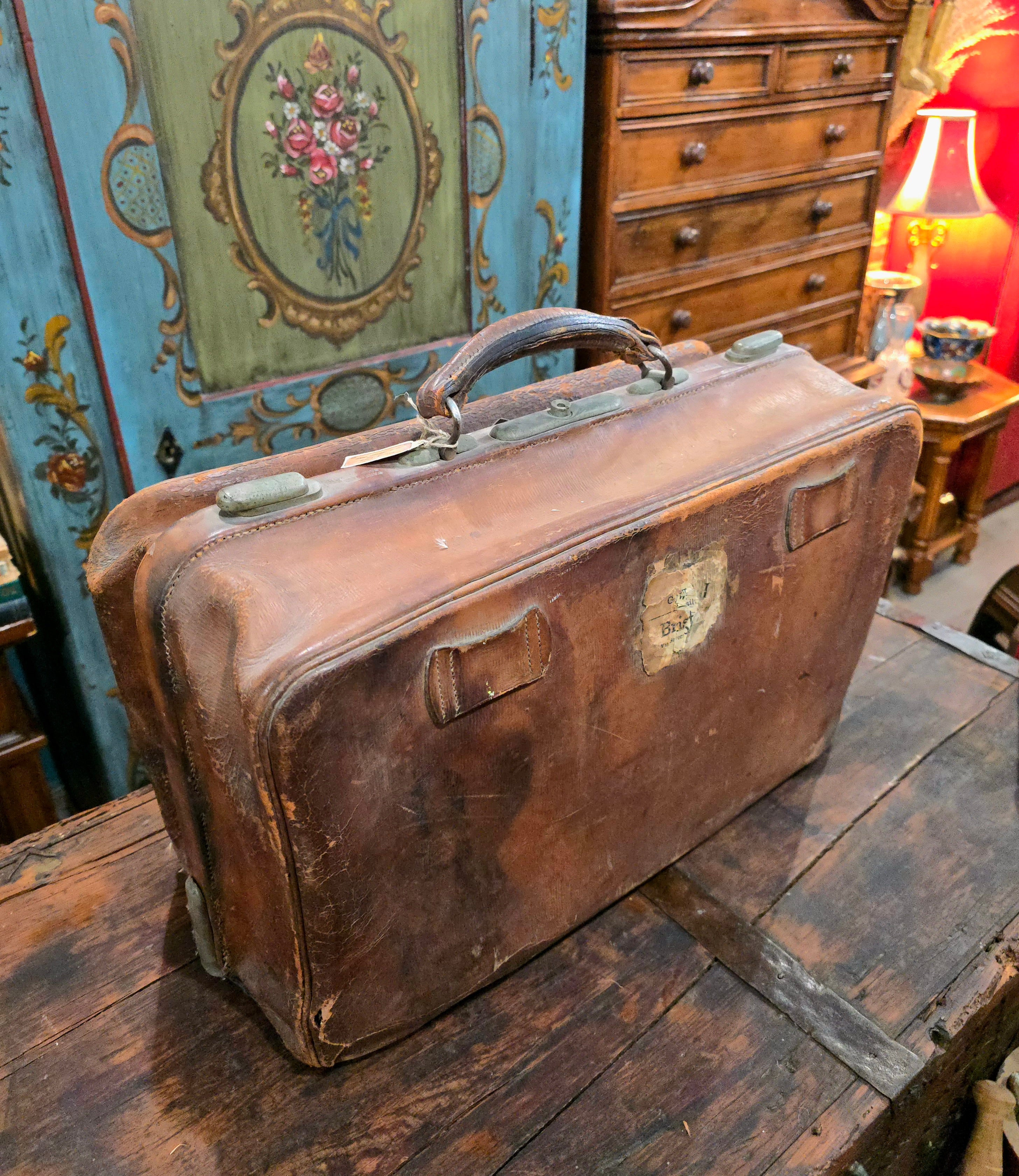 Antique brown leather suitcase bag
