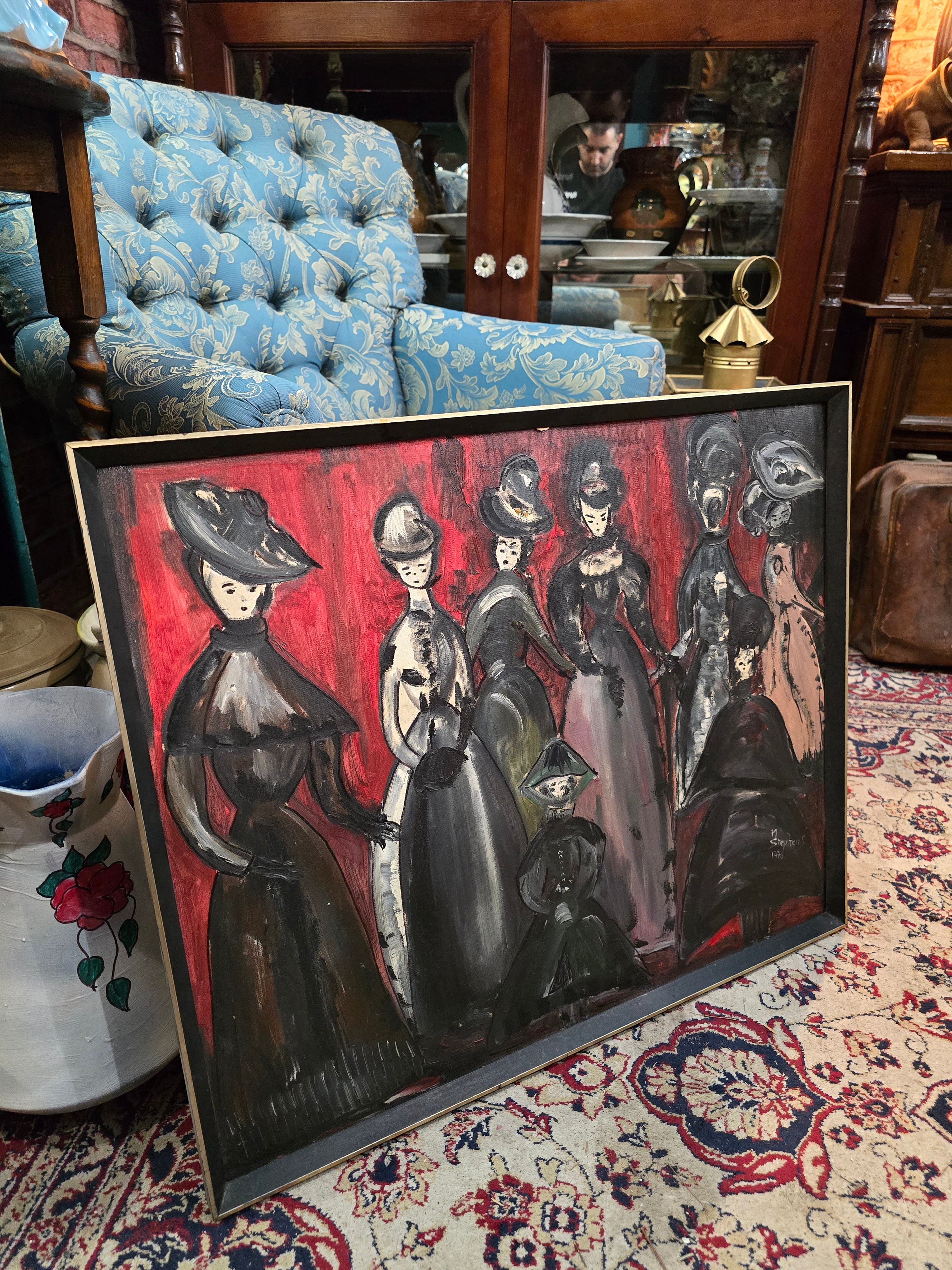 Vintage 1976 modern hand painted figures painting
