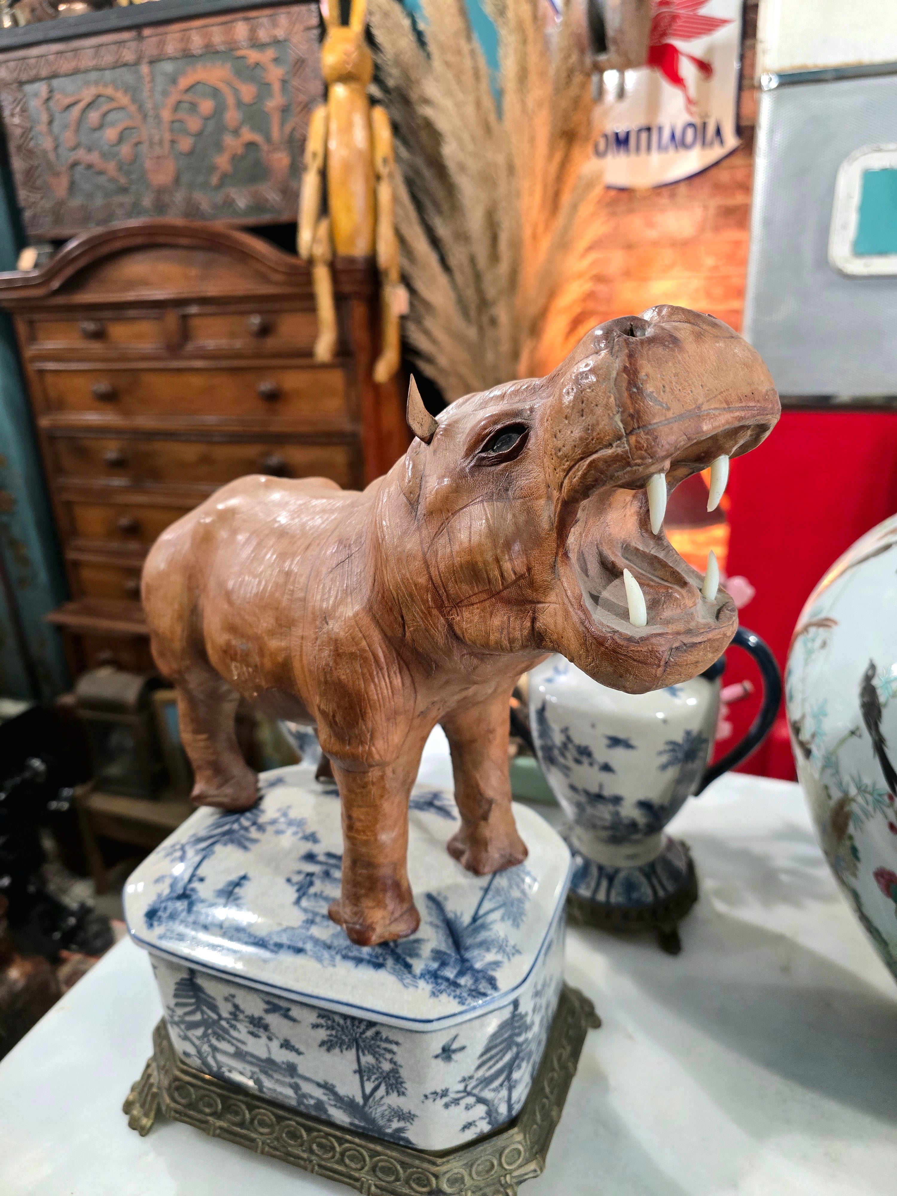 Vintage leather-wrapped hippopotamus figure