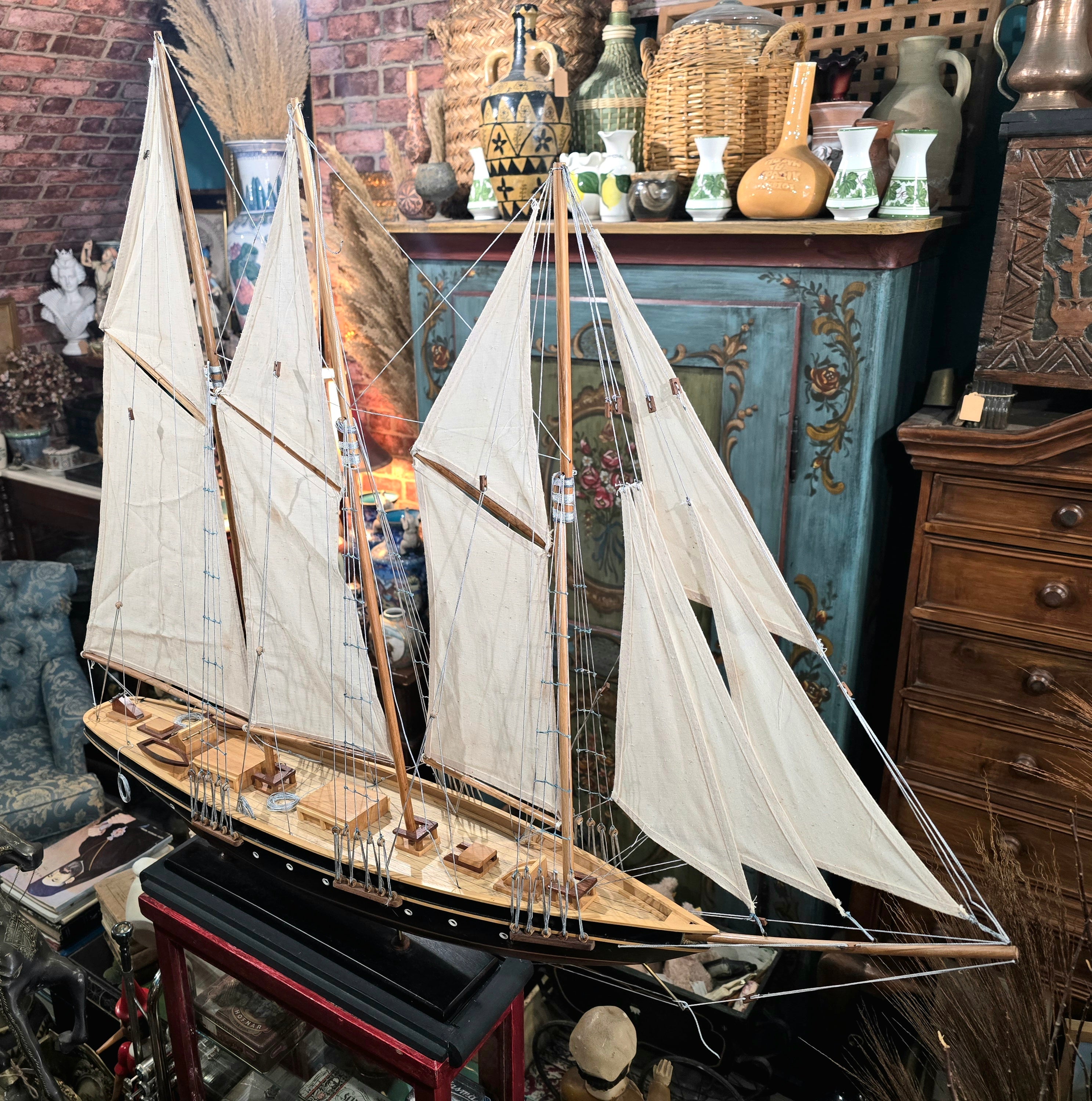 Vintage Handcrafted Wooden Model of Historic Three- Masted Schooner ship