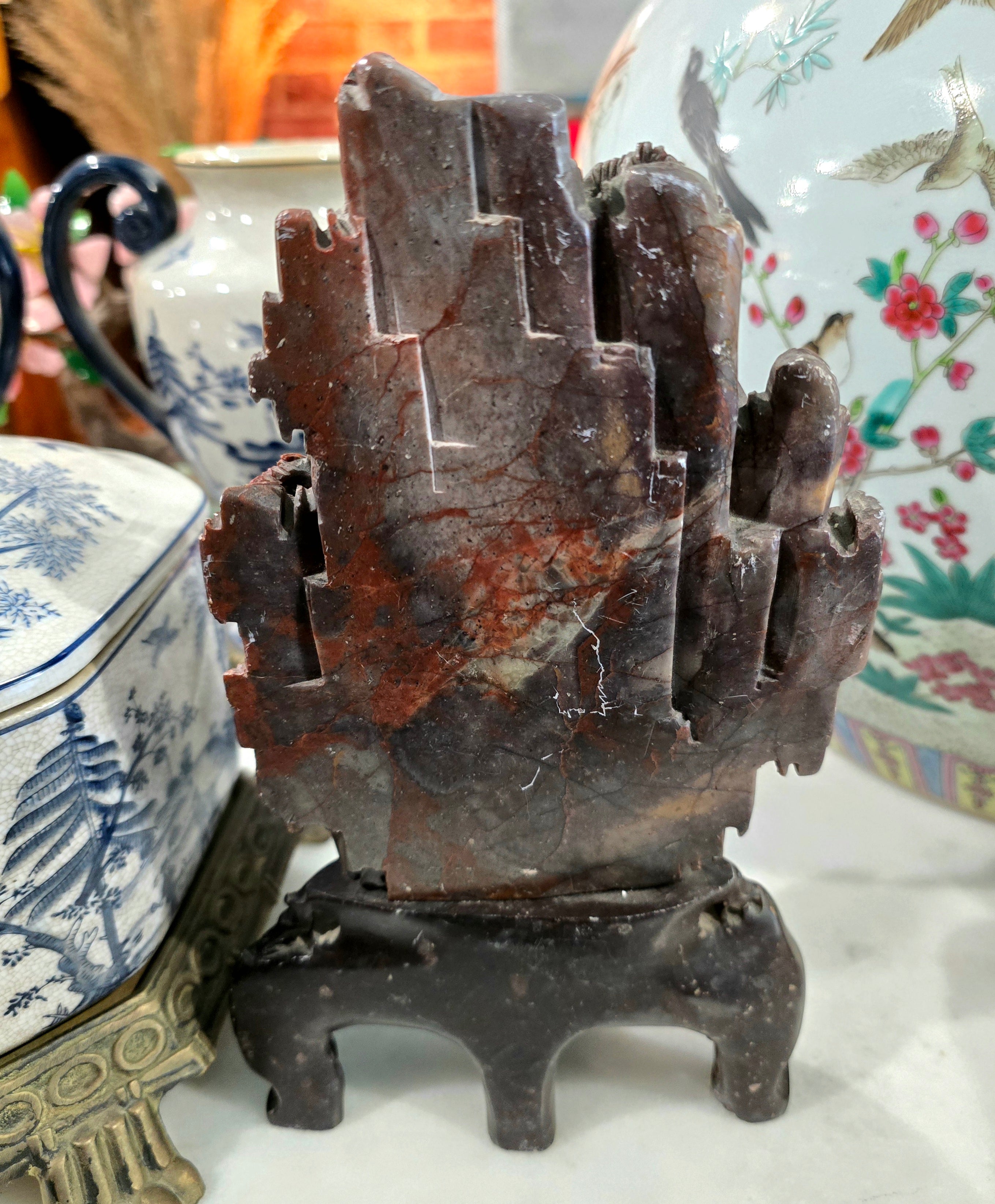 Vintage Chinese Soapstone Landscape Carving Sculpture on Wooden Stand