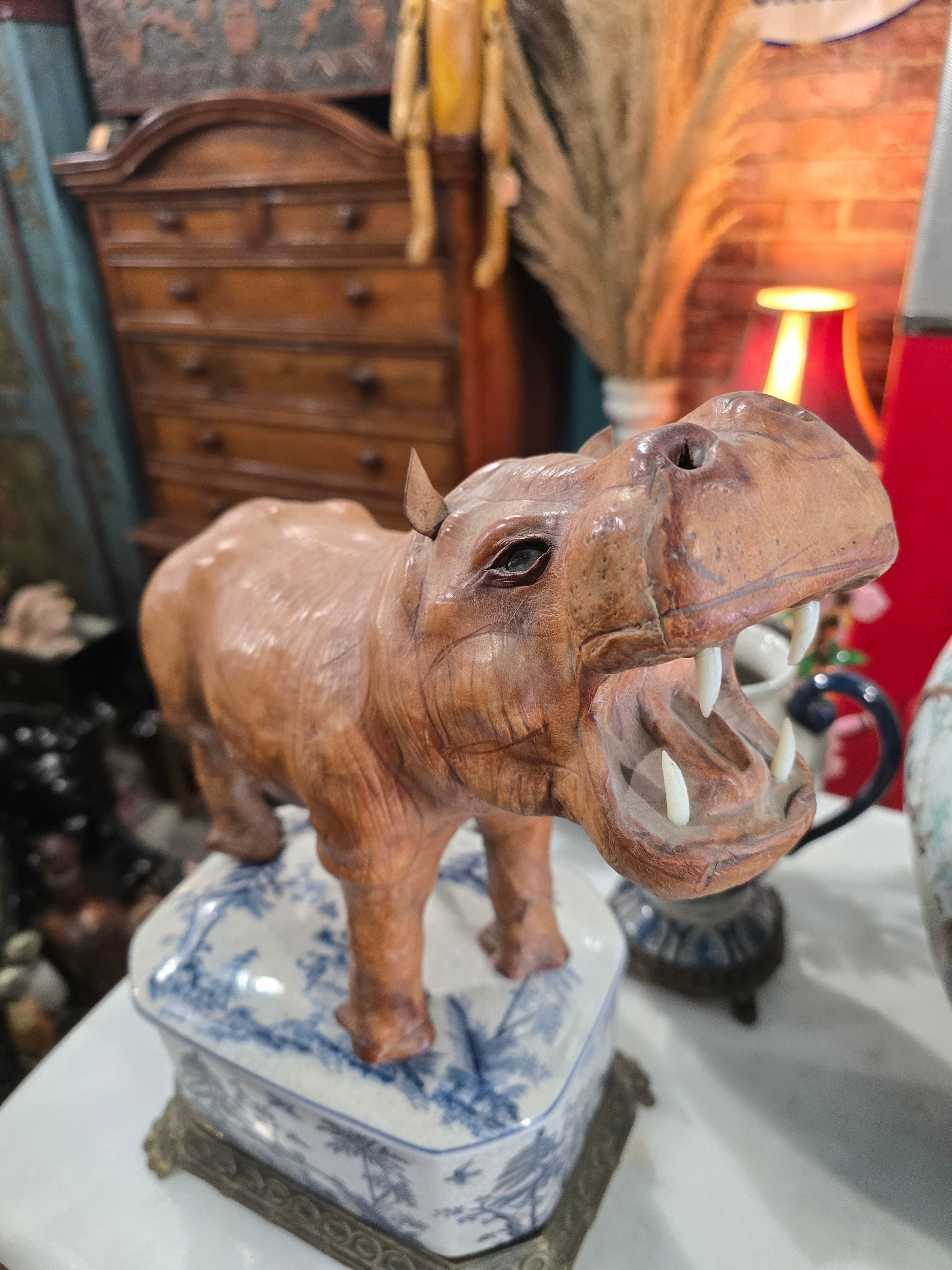 Vintage leather-wrapped hippopotamus figure