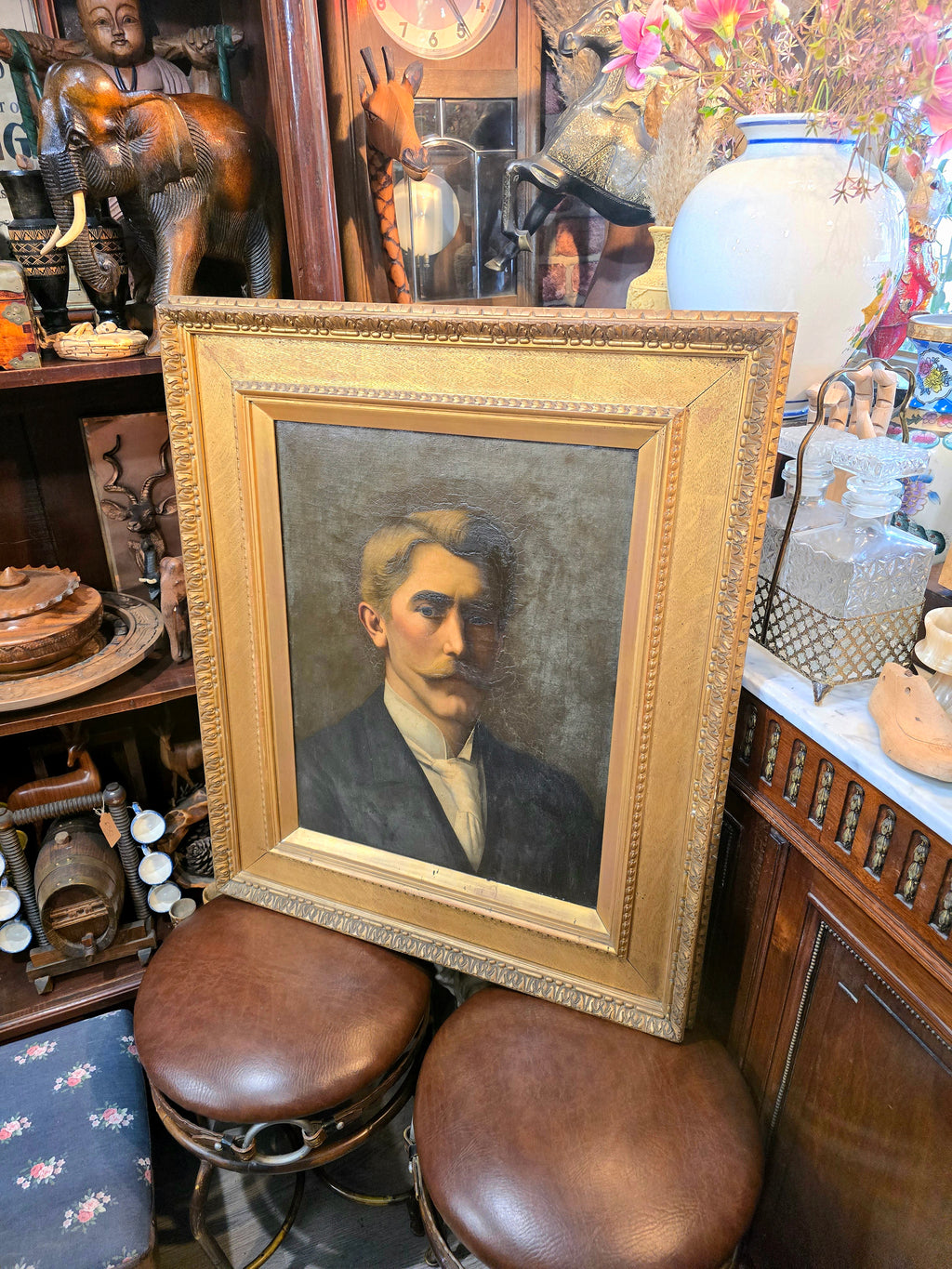 Antique 19th Century Oil Canvas Portrait Painting