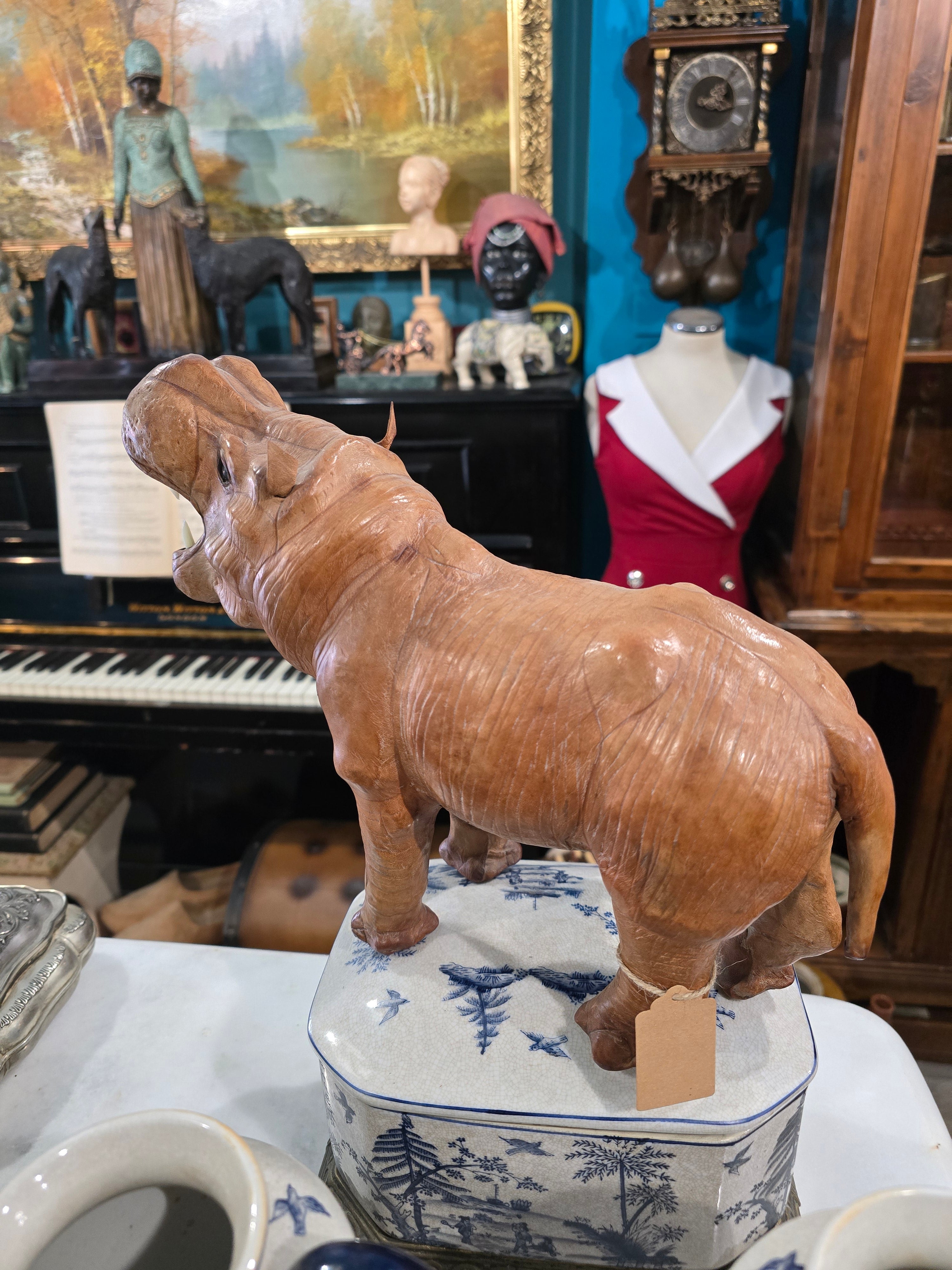 Vintage leather-wrapped hippopotamus figure