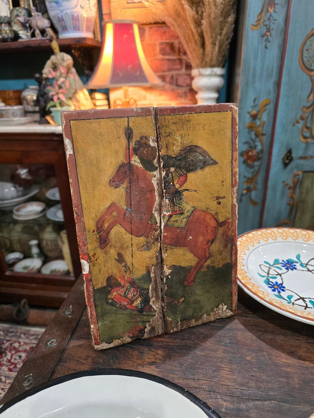 Antique religious wooden hand painted saint
