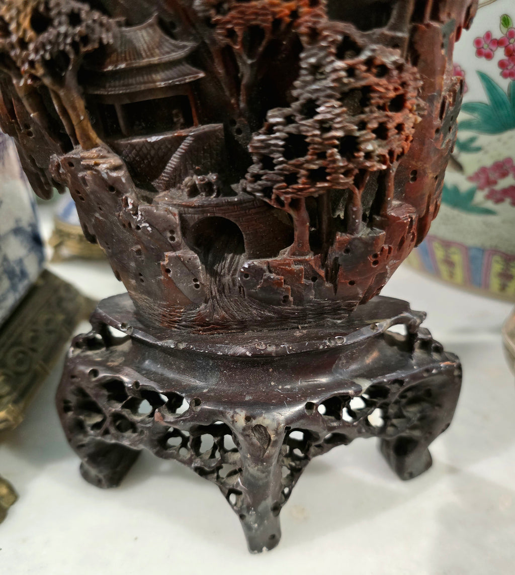 Vintage Chinese Soapstone Landscape Carving Sculpture on Wooden Stand