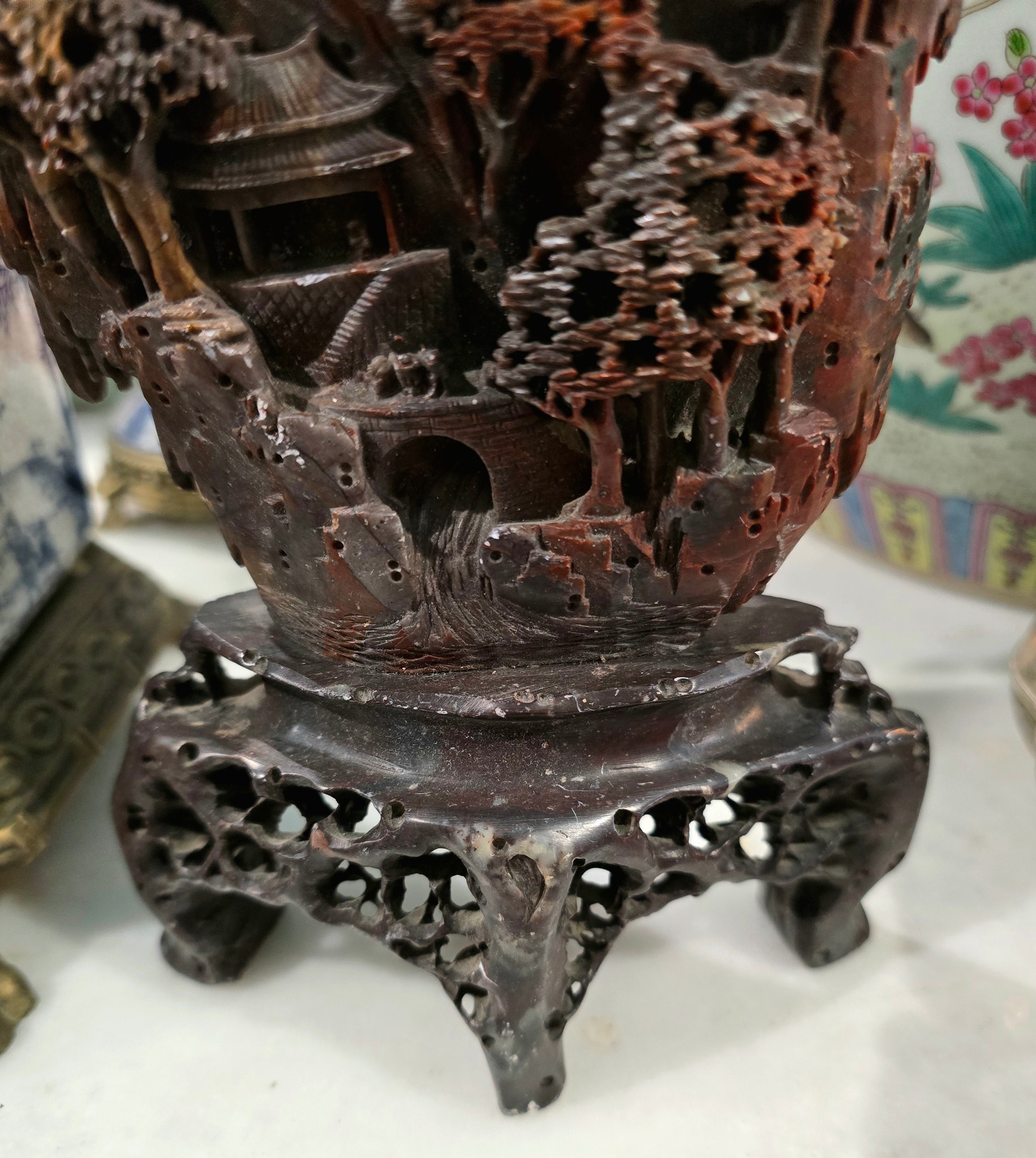 Vintage Chinese Soapstone Landscape Carving Sculpture on Wooden Stand
