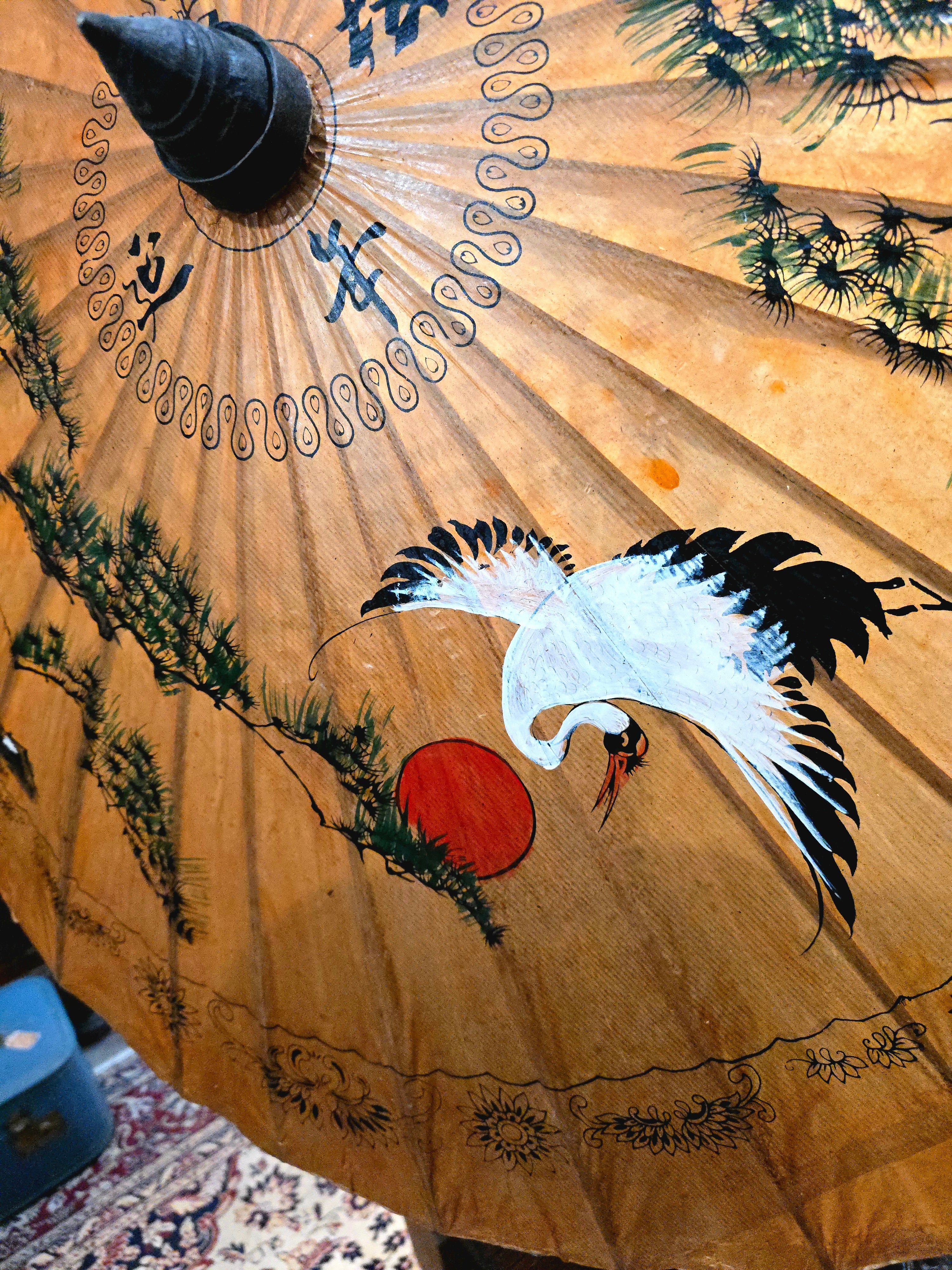 Vintage Japanese hand-painted display umbrella made of lacquered rice paper and bamboo
