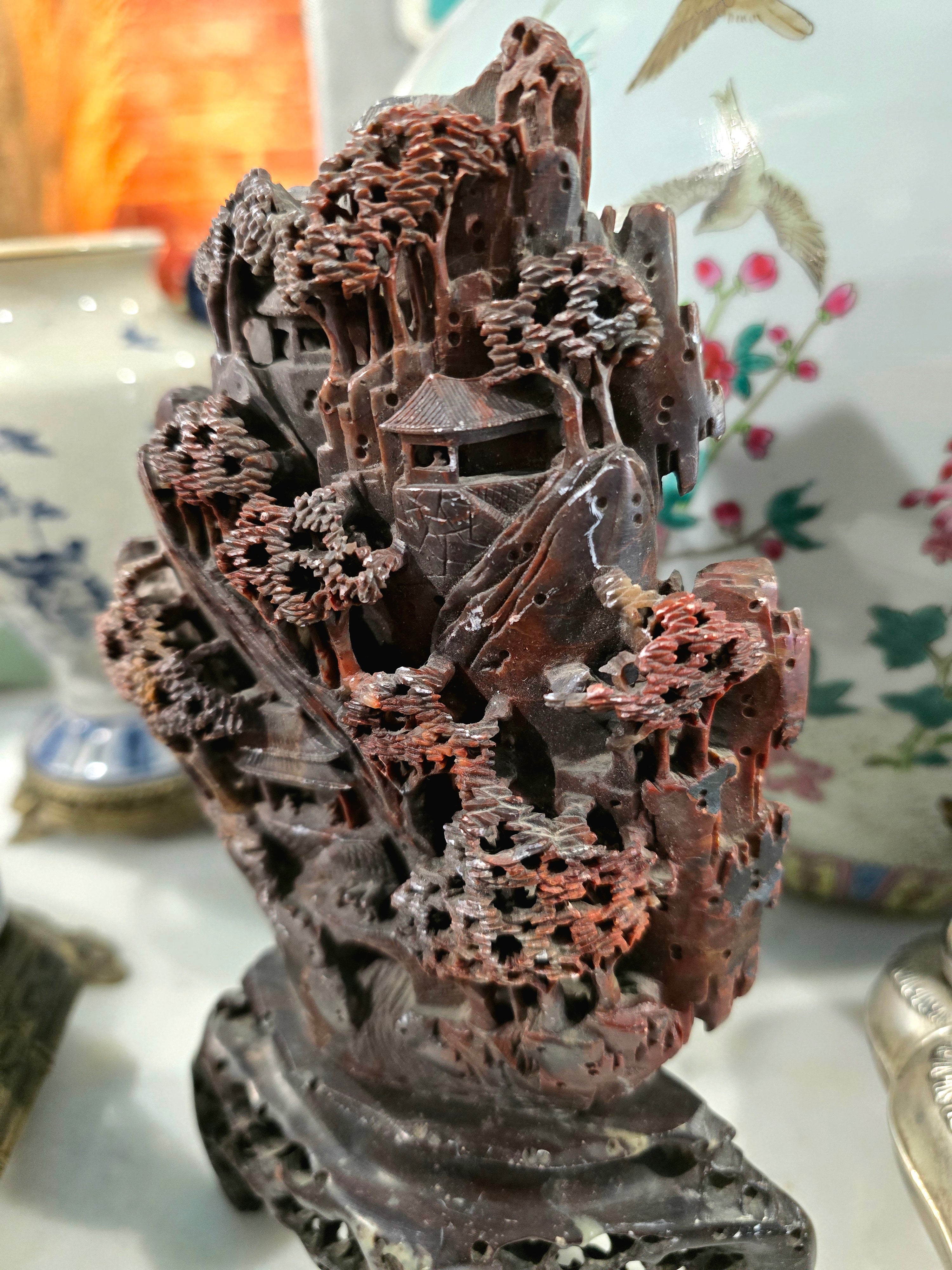 Vintage Chinese Soapstone Landscape Carving Sculpture on Wooden Stand