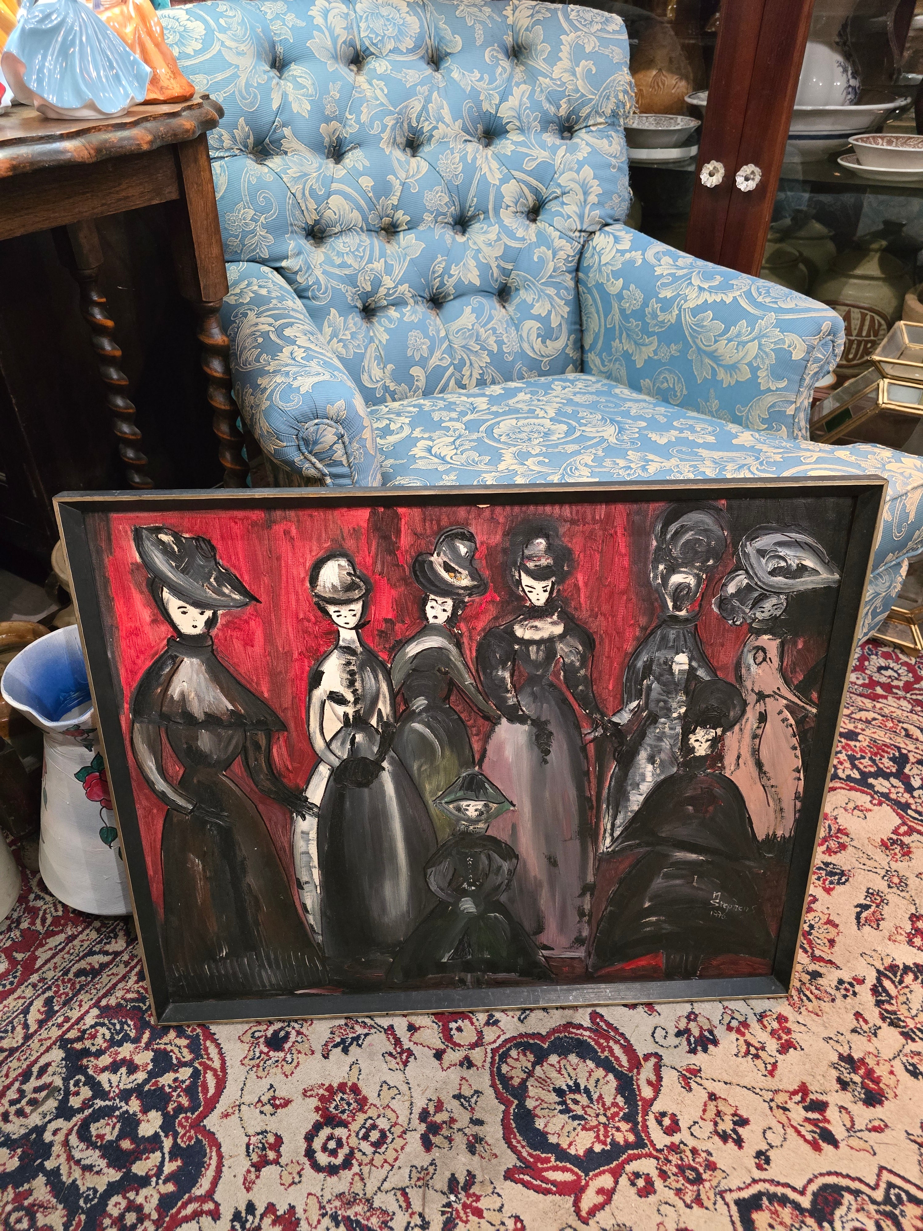 Vintage 1976 modern hand painted figures painting