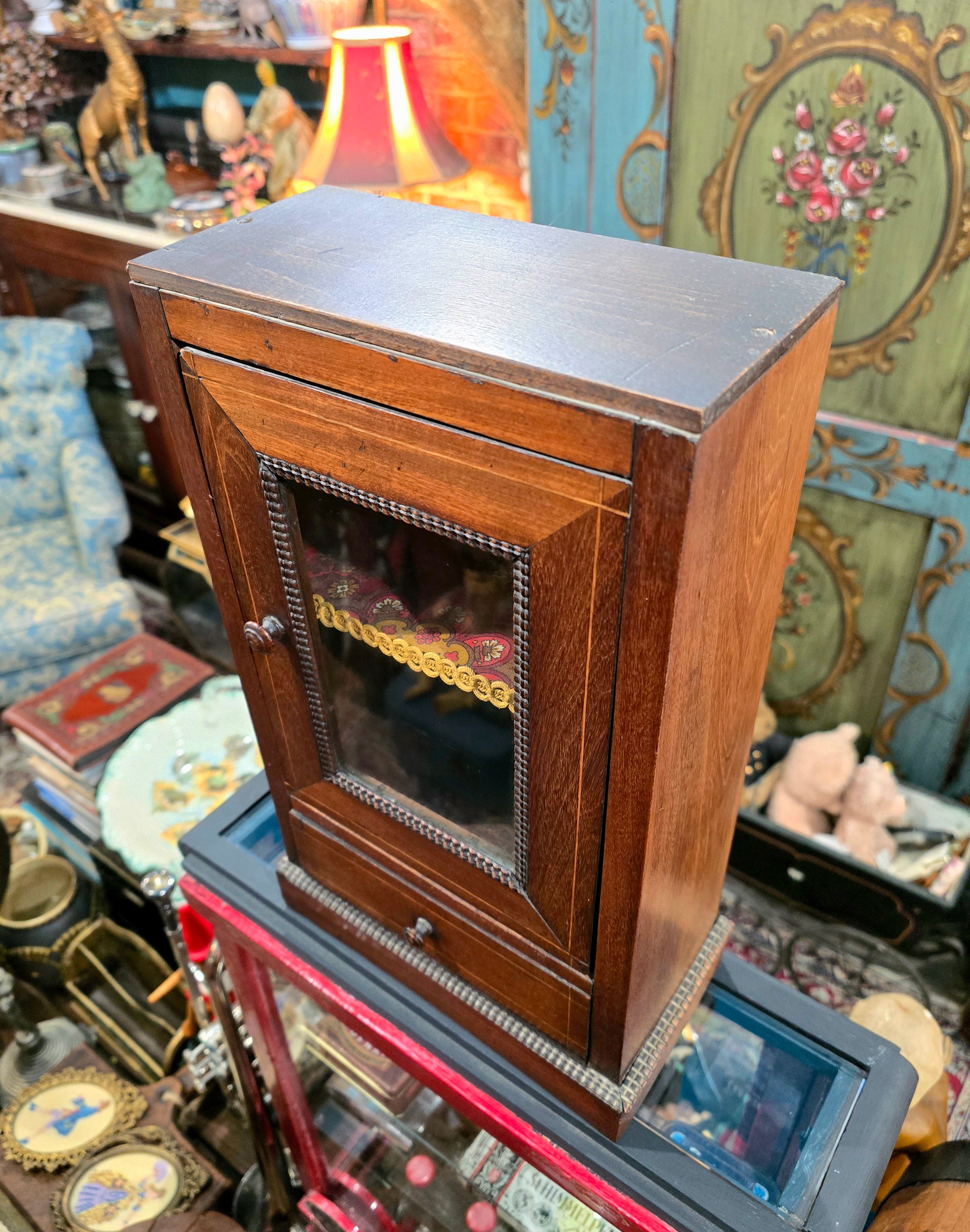 Antique miniature showcase doll or small showcase wooden cabinet