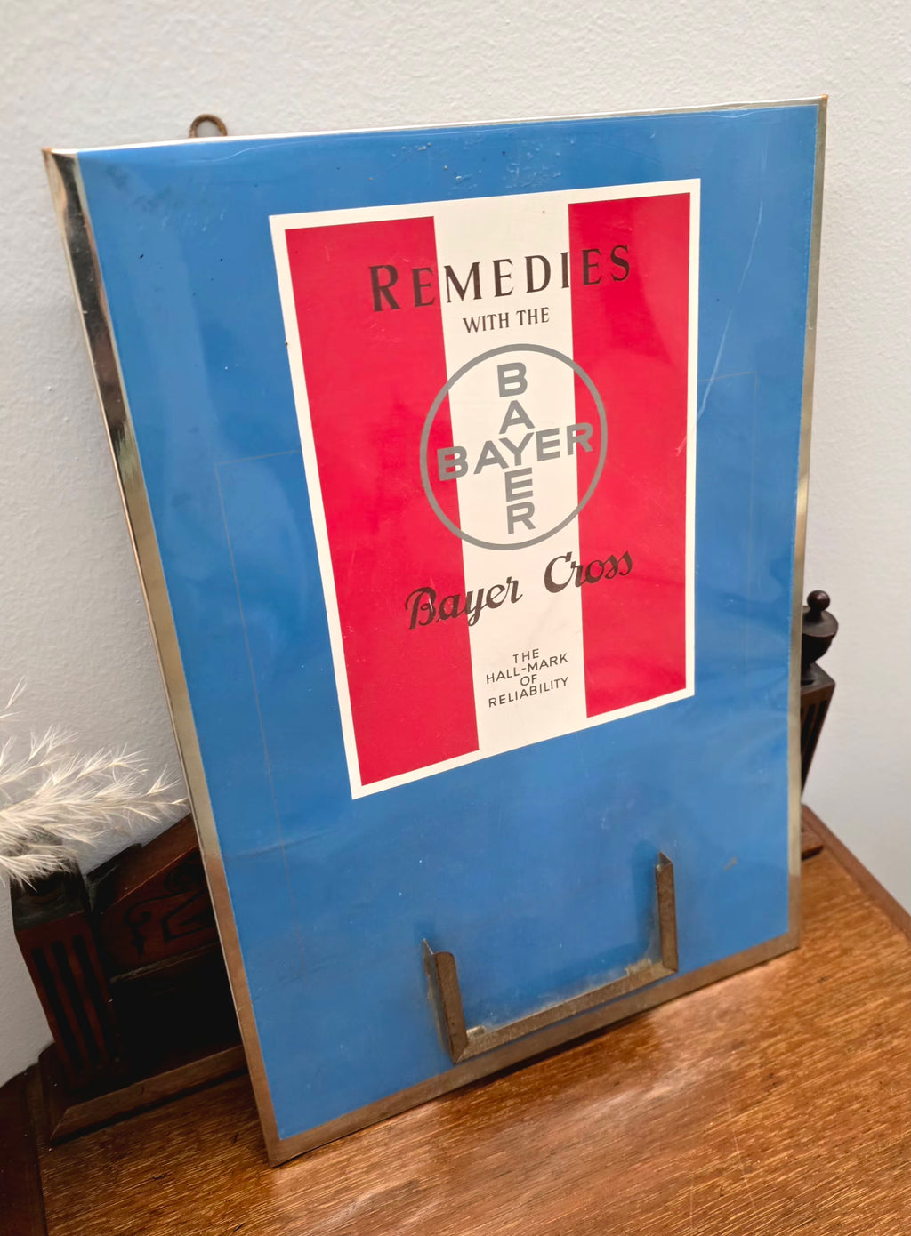 Antique Remedies With Bayer Cross Tin Sign Board Germany