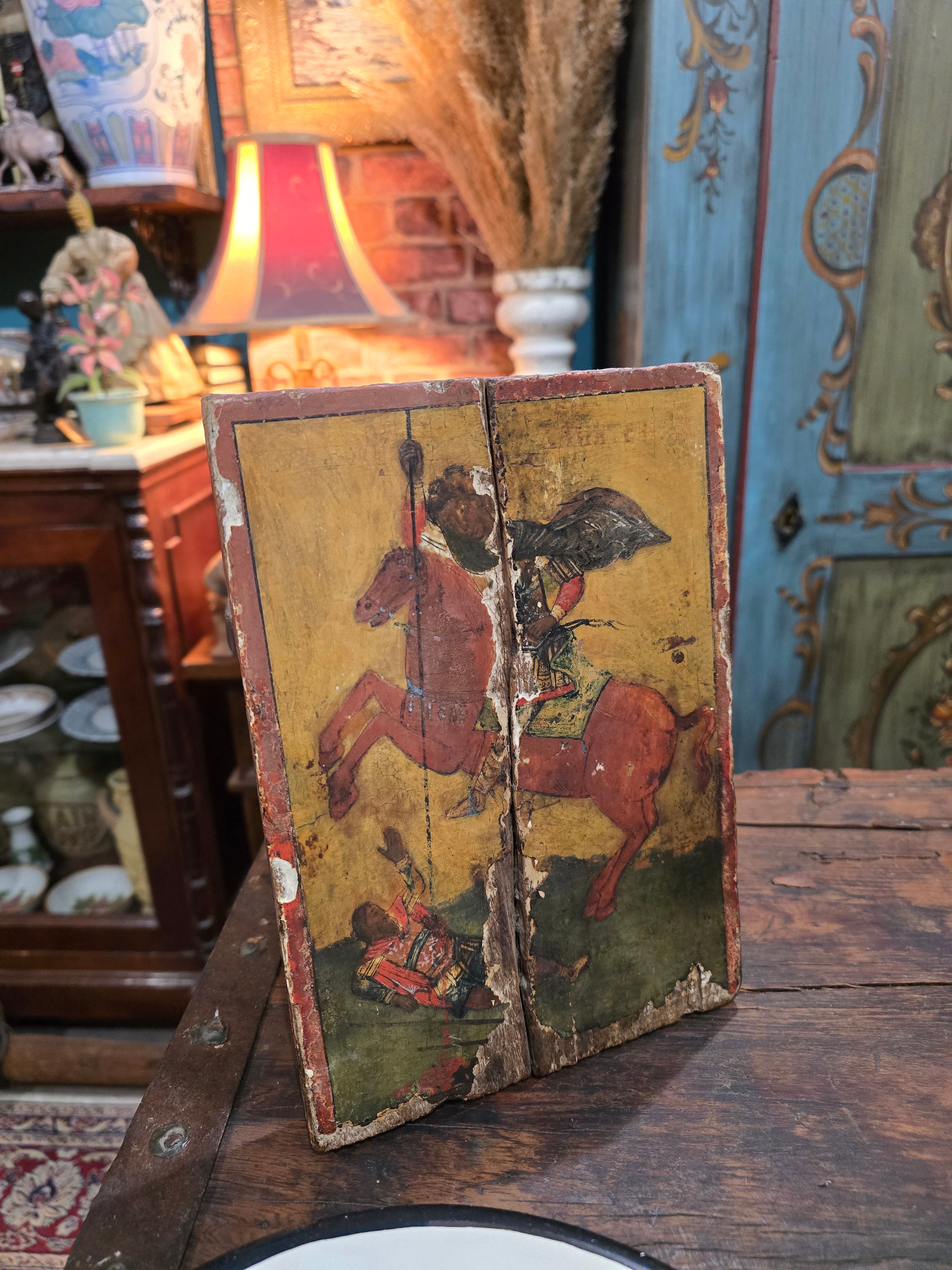 Antique religious wooden hand painted saint